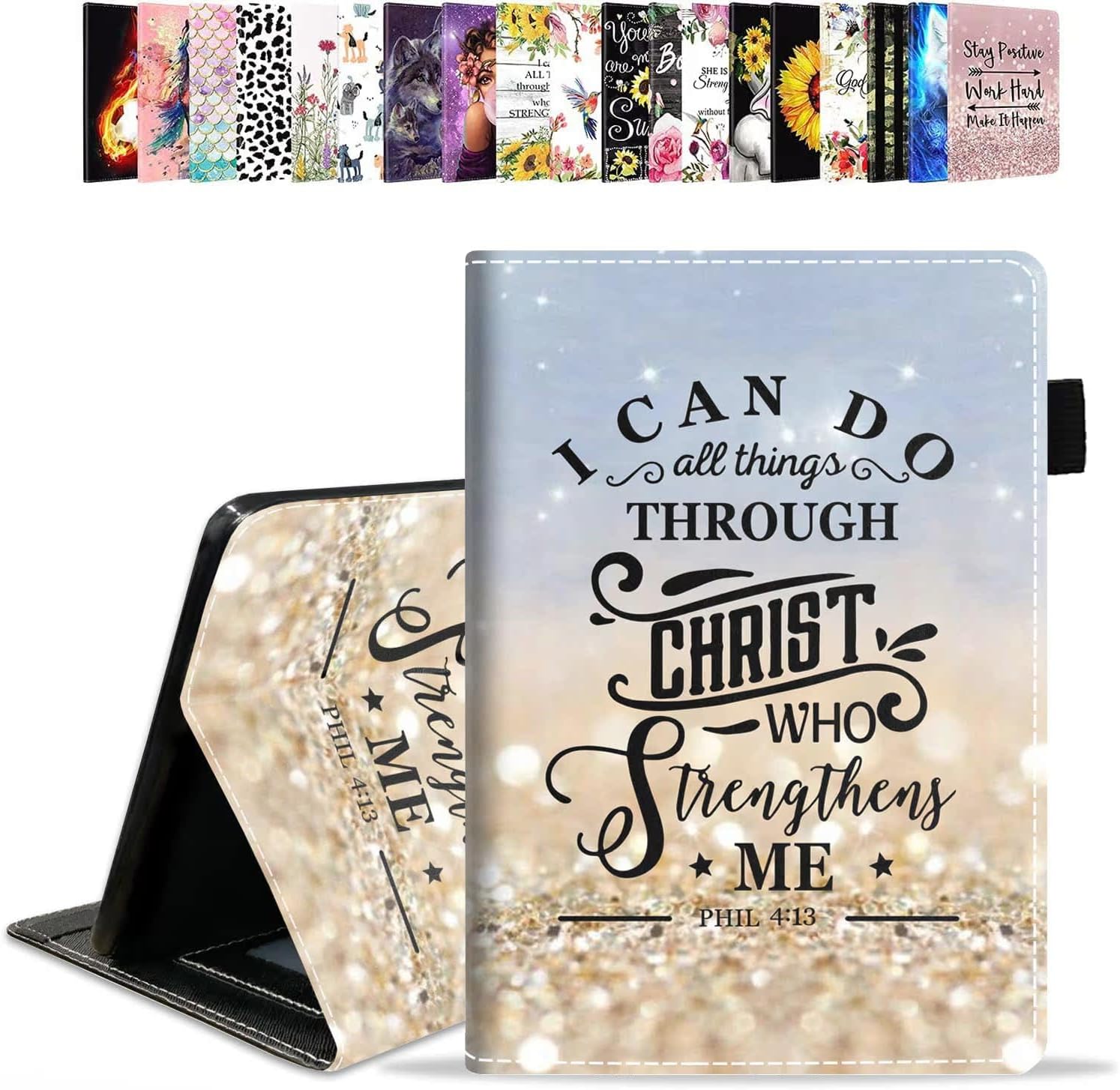 Case for Amazon Kindle Fire HD 10 & 10 Plus Tablet 10.1" (13th/11th Generation, 2023/2021 Release) - PU Leather Folio Case with Smart Auto Wake/Sleep, Rainbow Glitter Quote Bible Verse Phil 4:13