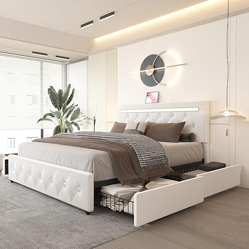 Kallabe Base de cama matrimonial con 4 cajones y cabecera de piel sintética con botón ajustable LED, estación de carga, plataforma tapizada con