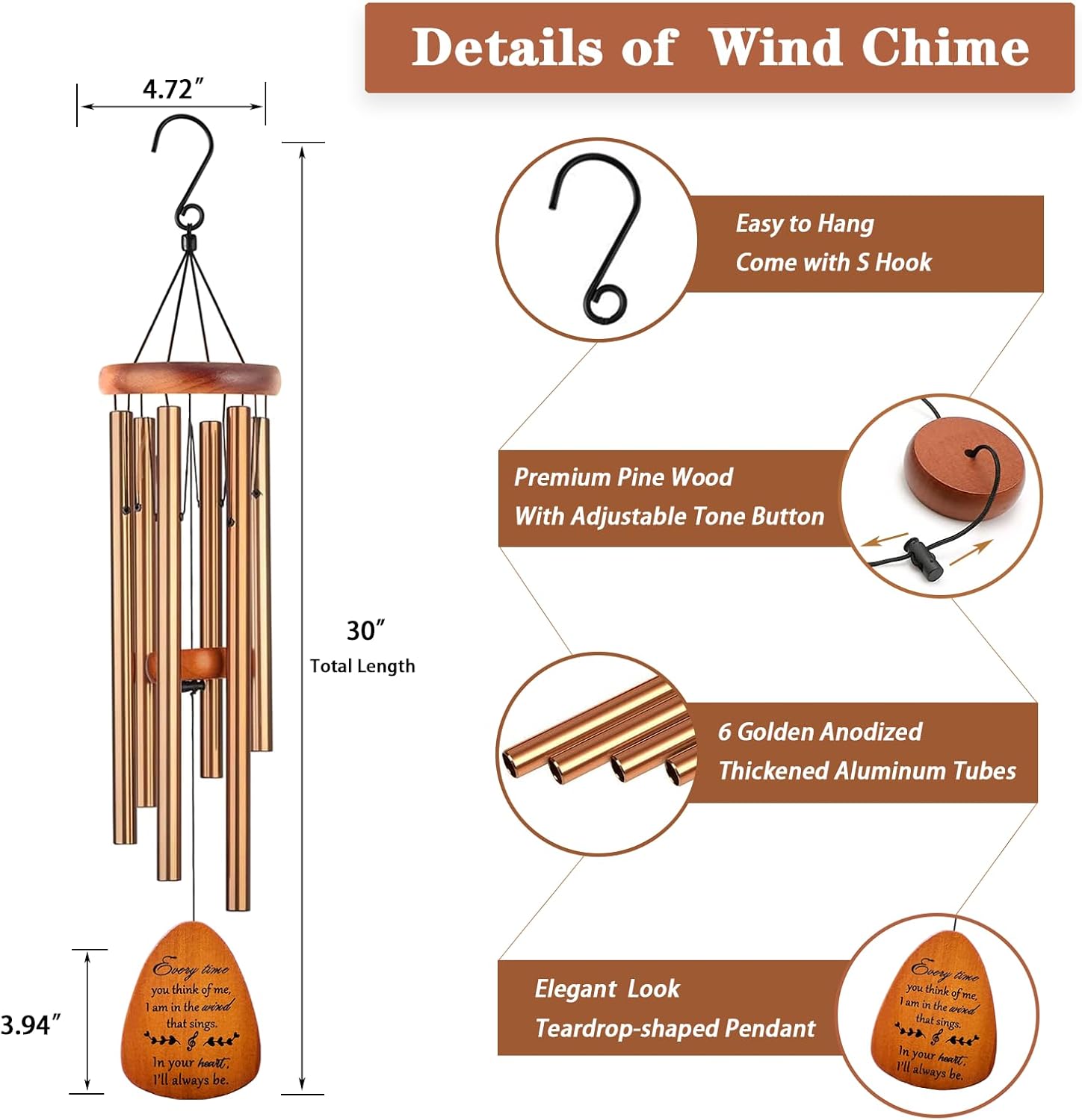 Memorial Gifts, Sympathy Wind Chimes Memorial Wind Chimes for Loss of Loved One Prime, Sympathy Gift, Bereavement/Remembrance Gifts in Memory of Loved One Mother Father, 30" Wooden - Image 4