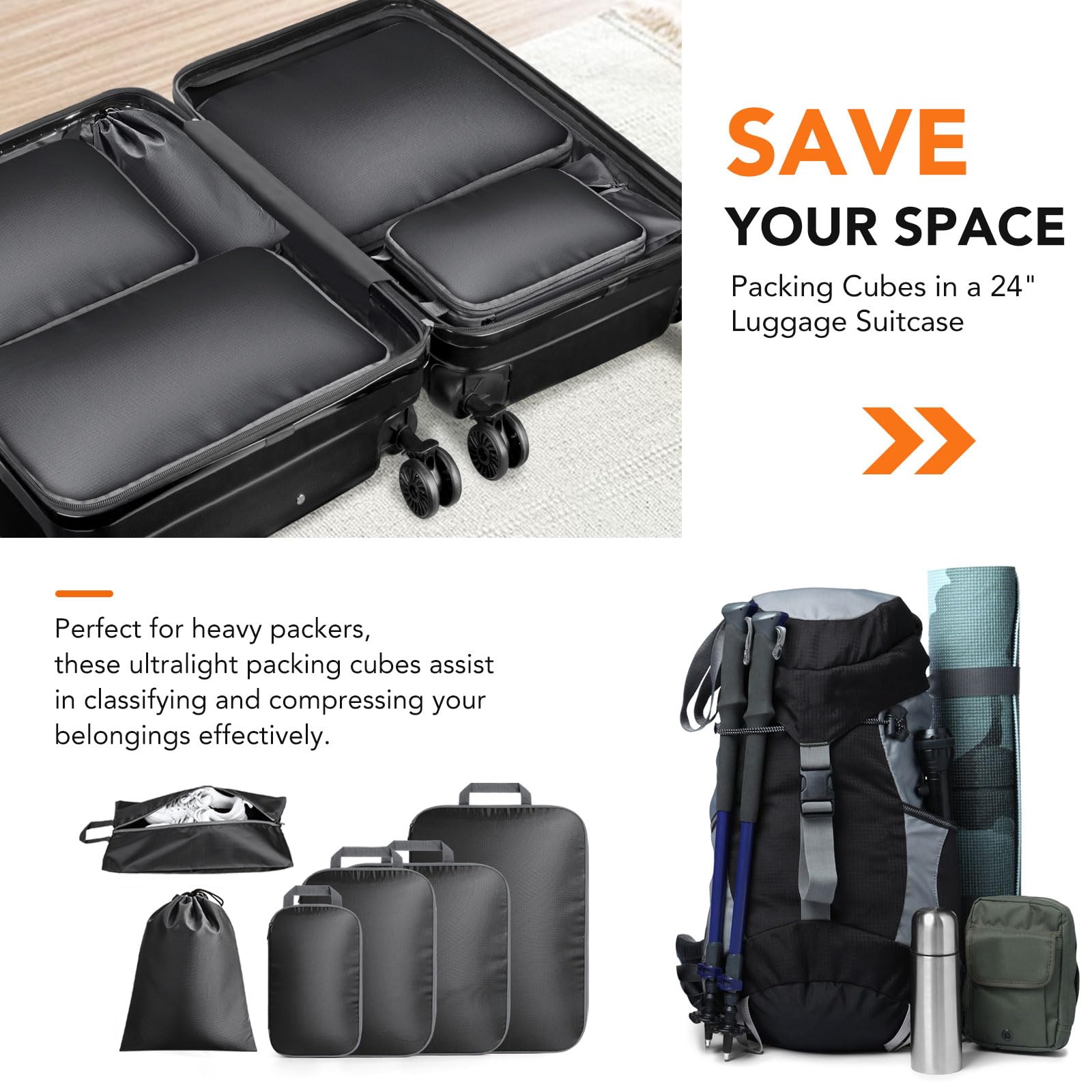 6 Cubi Da Imballaggio A Compressione Per Viaggio – Espandibili, Organizer Per Valigia, Multicolore Beige - 3