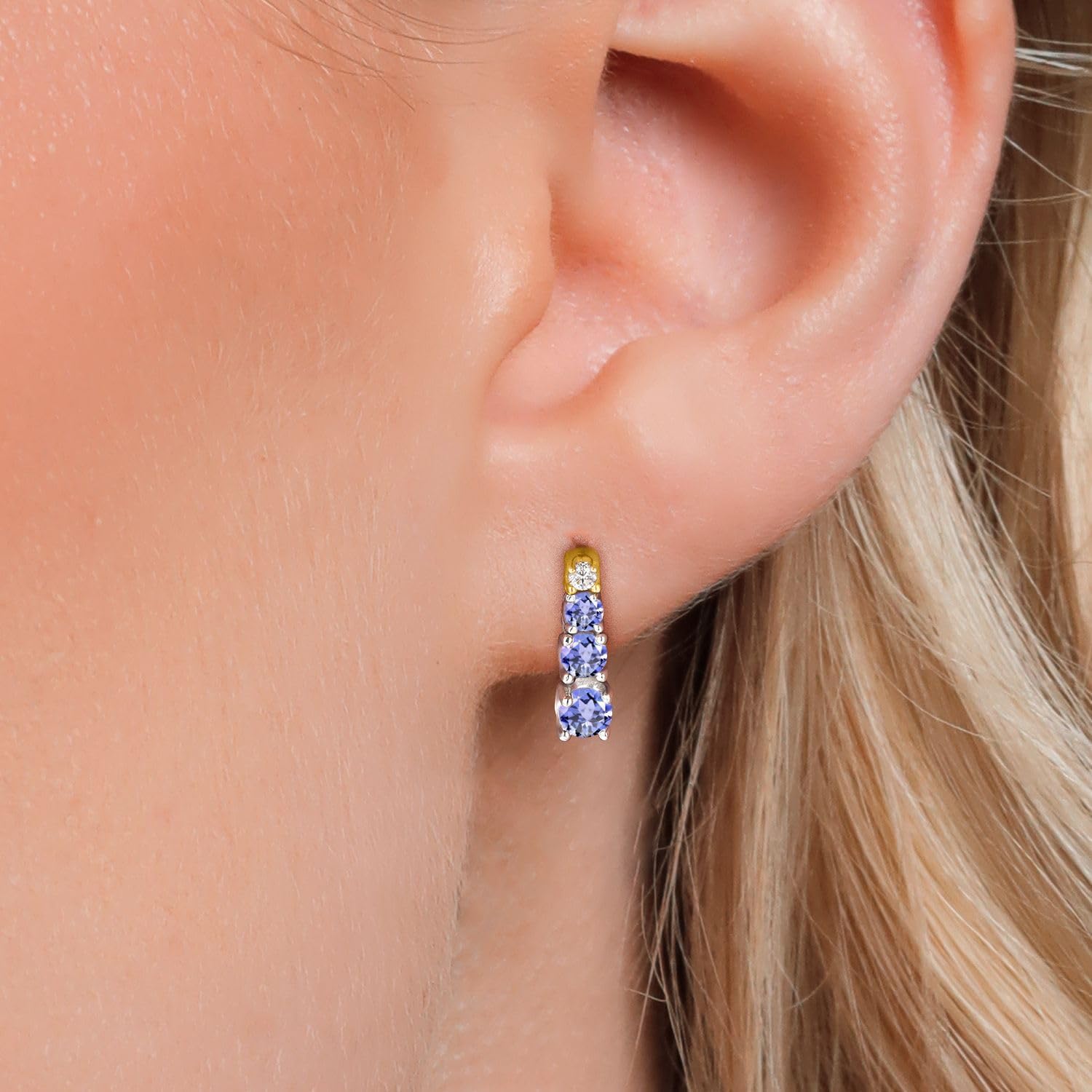 Gem Stone King Blue Tanzanite and White Created Moissanite Earrings For Women | 925 Sterling Silver and 10K Yellow Gold | 0.54 Cttw | Gemstone Birthstone, | Round 3MM 2.5MM and 2MM