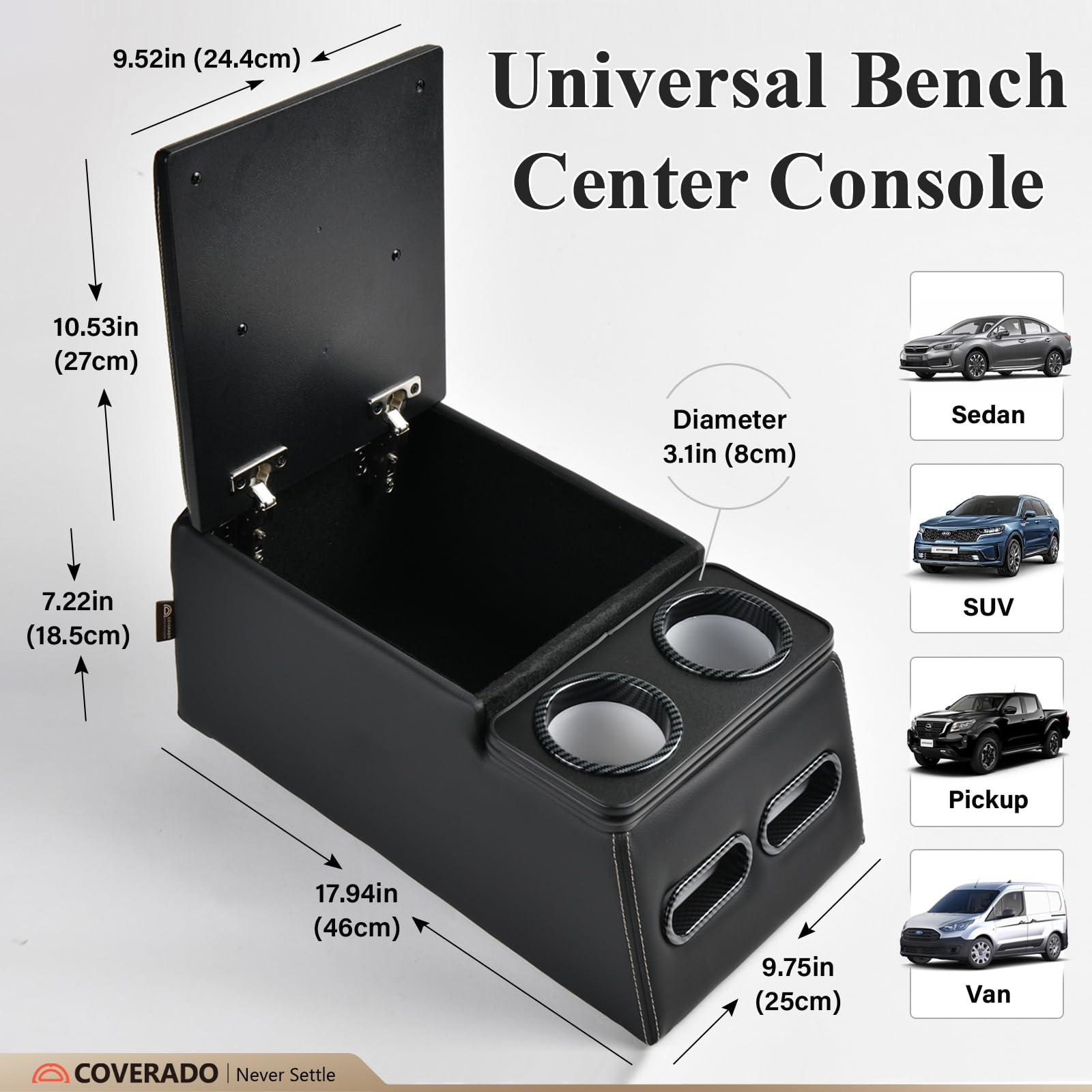Coverado Consola Central para automóvil, Consolas universales para Asiento Trasero, Organizador de Asiento de camión y Almacenamiento, Organizador de Asiento Trasero con portavasos, Caja de