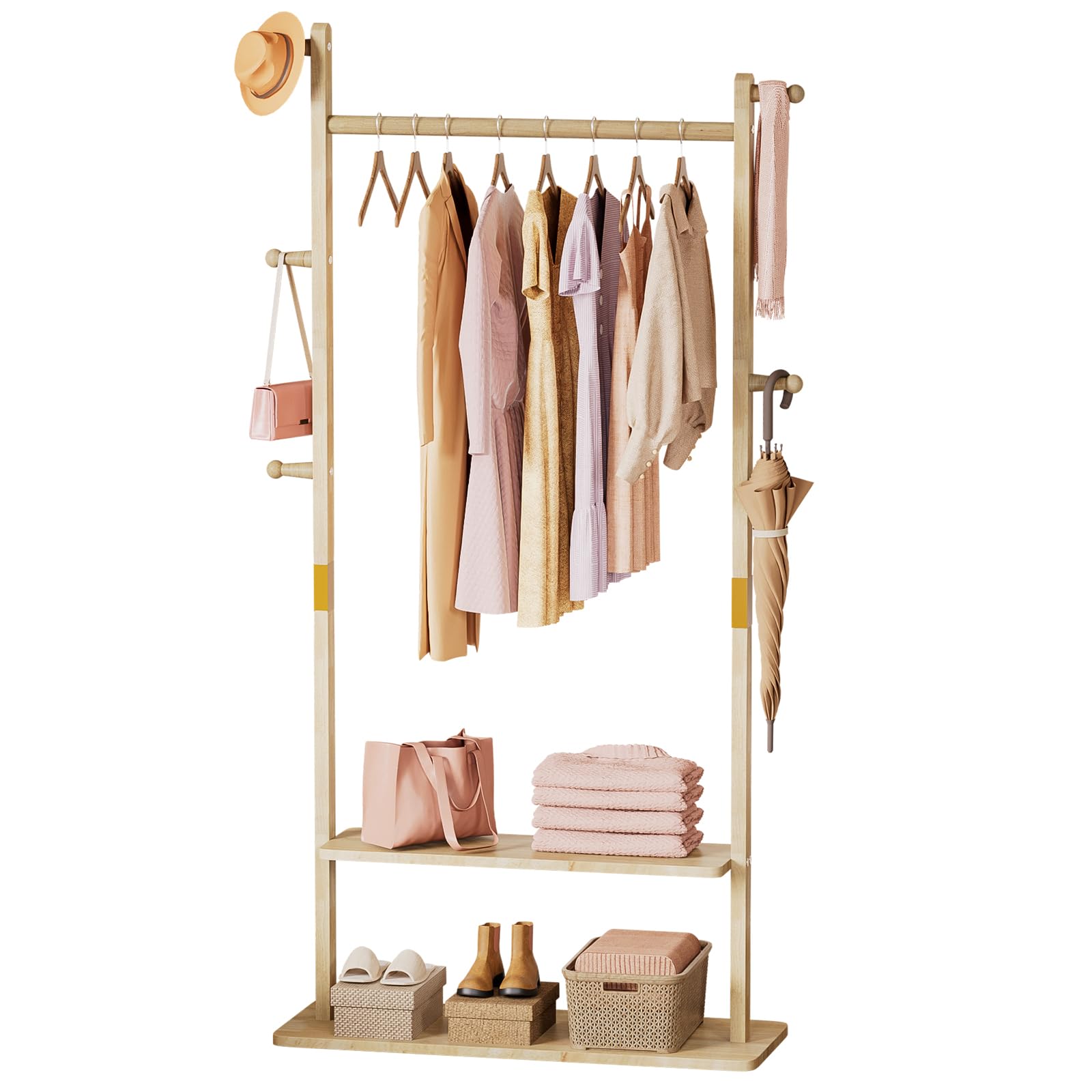 Yorbay Stand Appendiabiti Legno Guardaroba: Indipendente 2 Ripiani 5 Ganci | 1 Asta Appendiabiti per Vestiti Cappelli Giacche Borse - per Camera da Letto Soggiorno Corridoio