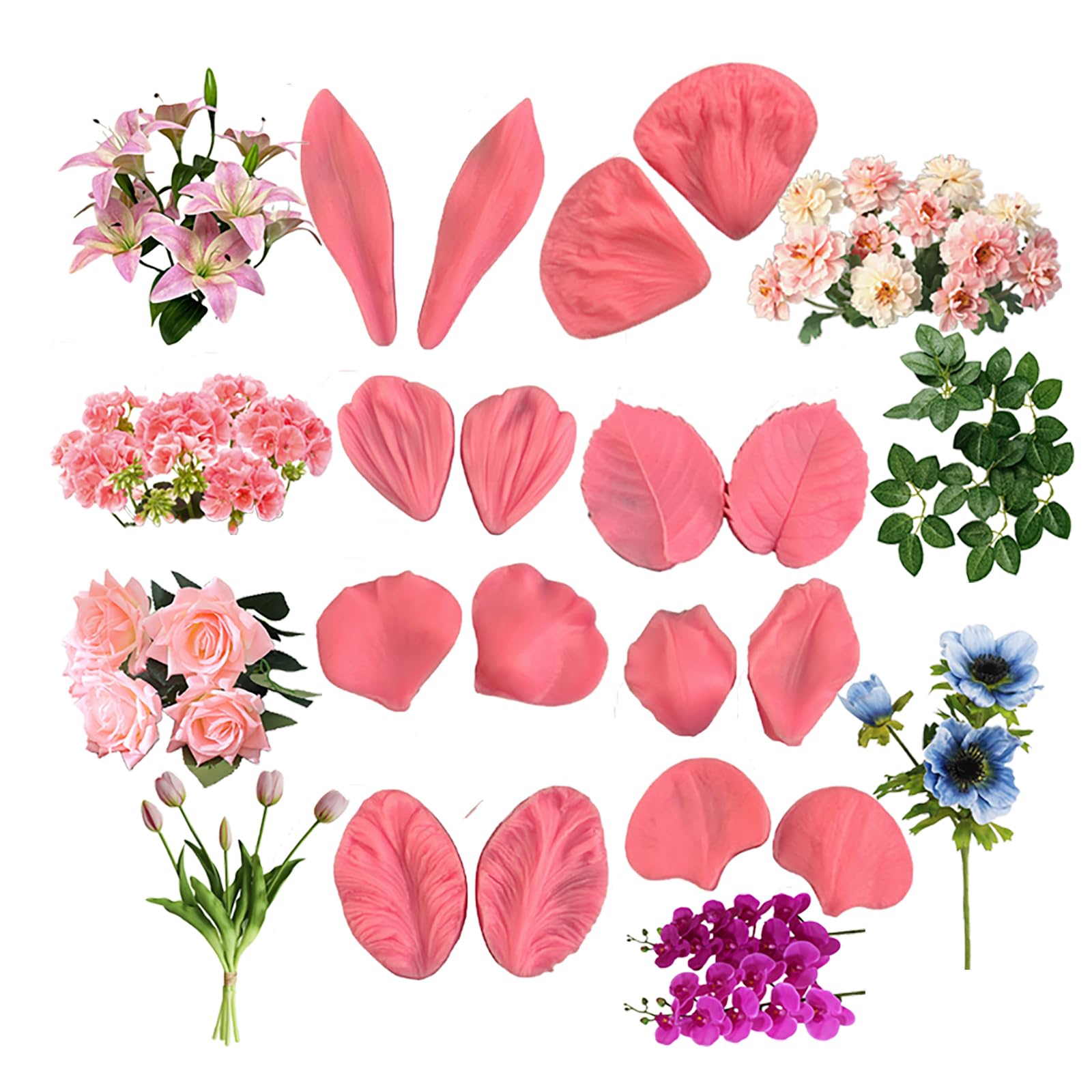Fnjuucw Forma do płatków kwiatów, 3D, liść róży, tulipan, orchidea, cukier, kwiat, silikonowe formy do dekoracji ciast, nakładka na babeczkę, polimerowa glina, pasta gumowa, różowa