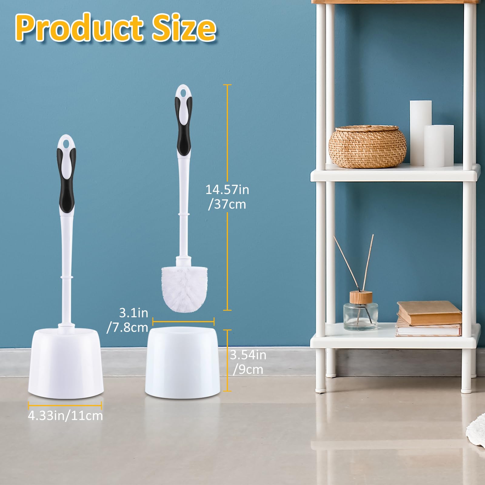 Tioncy Paquete de 6 cepillos de inodoro de 14.96 pulgadas con soporte, cepillo de inodoro y cesta, juego de cepillo de inodoro de cerdas rígidas para suministros de limpieza de baño (negro, blanco)