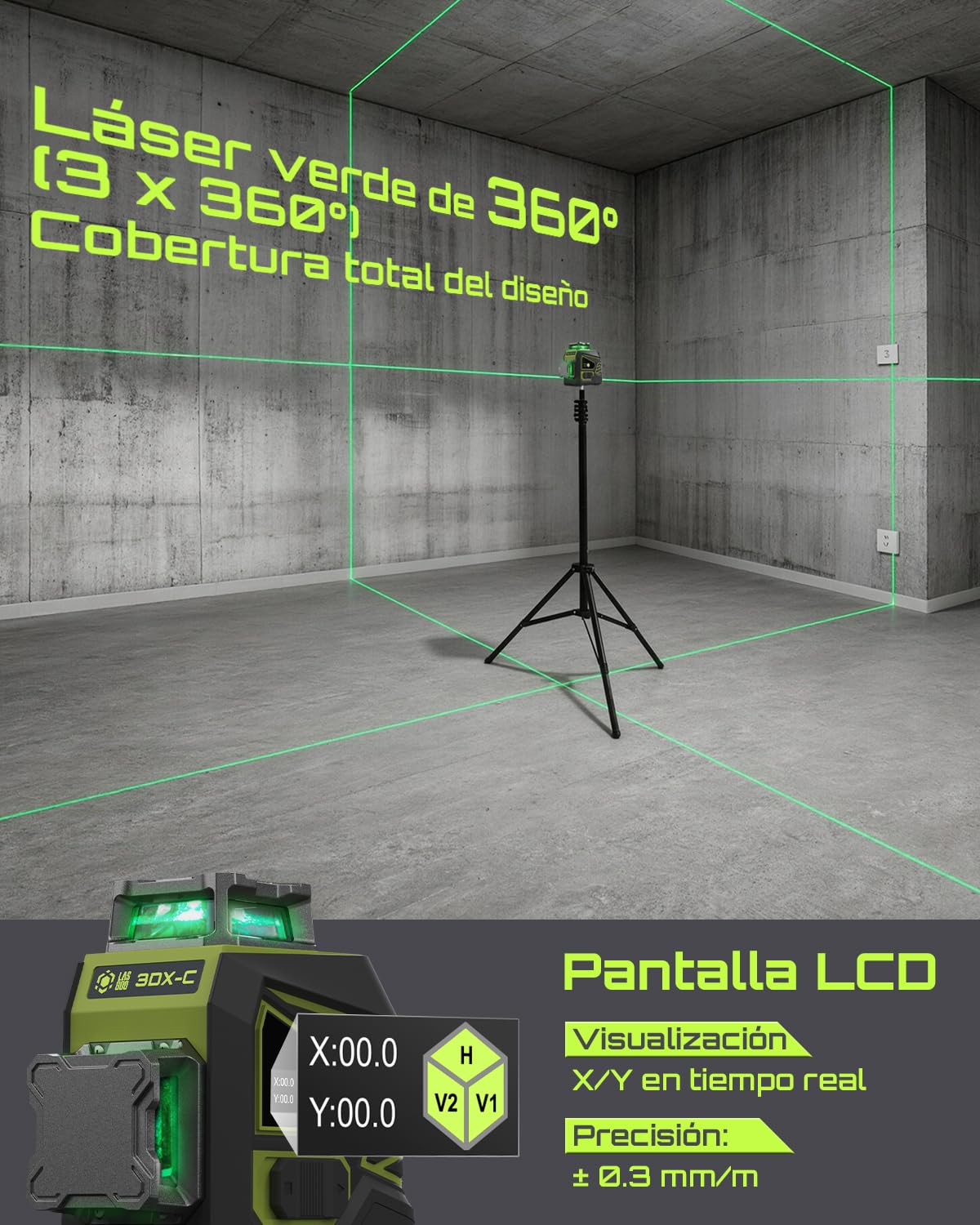 LASGOO 3DX-C Nivel Láser Verde con Pantalla LCD, Mando a Distancia & Soporte