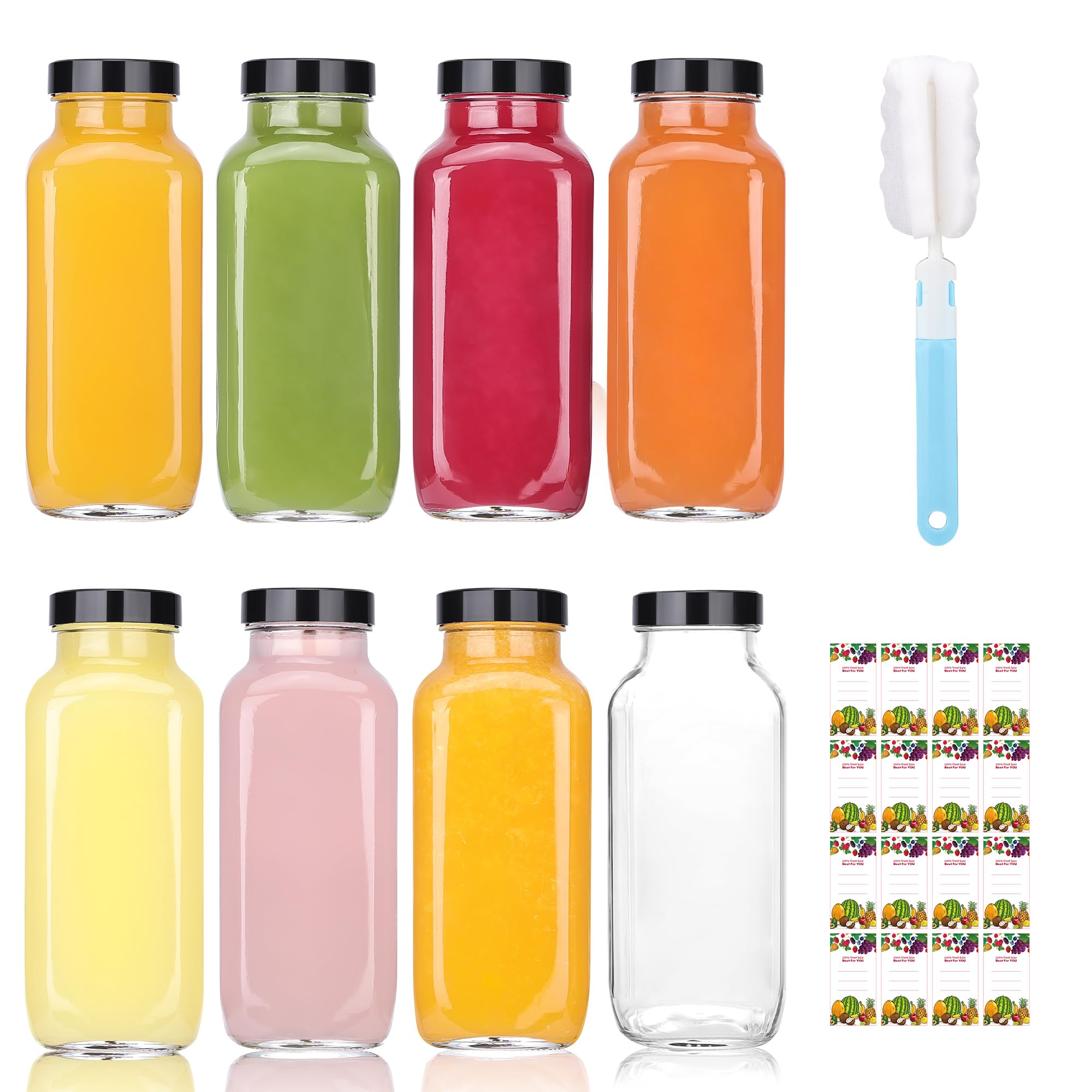 Glxgow 8 Pack 8 oz Glass Juice Bottles with Lids & Labels, Reusable Travel Juice Storage Containers, Clear Glass Drink Jars for Juicing, Water, Ginger, Wellness Shots - Leakproof, Dishwasher Safe
