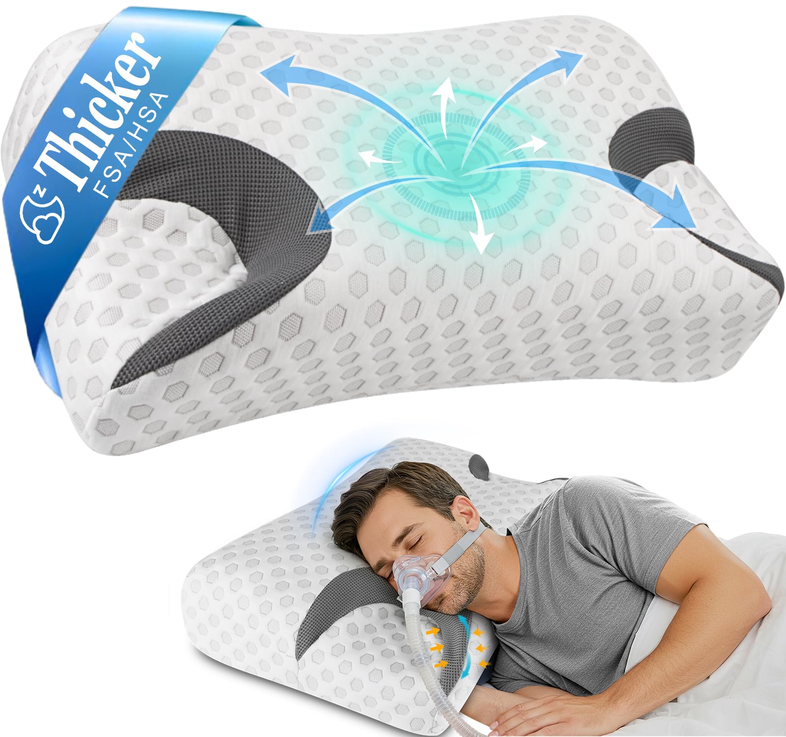 HSA/FSA CPAP Pillow for Side Sleeper, Sleep Apnea Pillow for Sleeping, CPAP Nasal Pillows Suit for All CPAP Masks User, Cervical Memory Foam Neck Support Pillow Relief Neck Pain for Side Back Sleepers