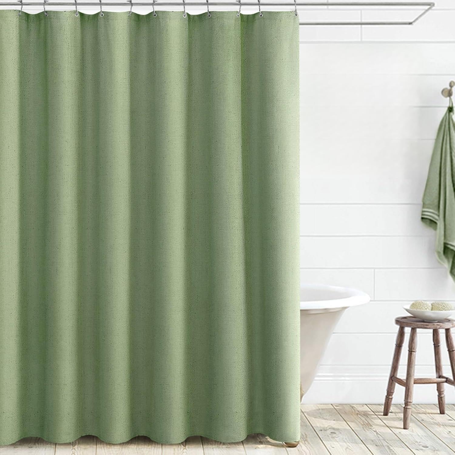 Awellife Sage Green Linen Textured Boho Farmhouse Bathroom Shower Curtain Fabric Insert 72x72 Inch — image 1