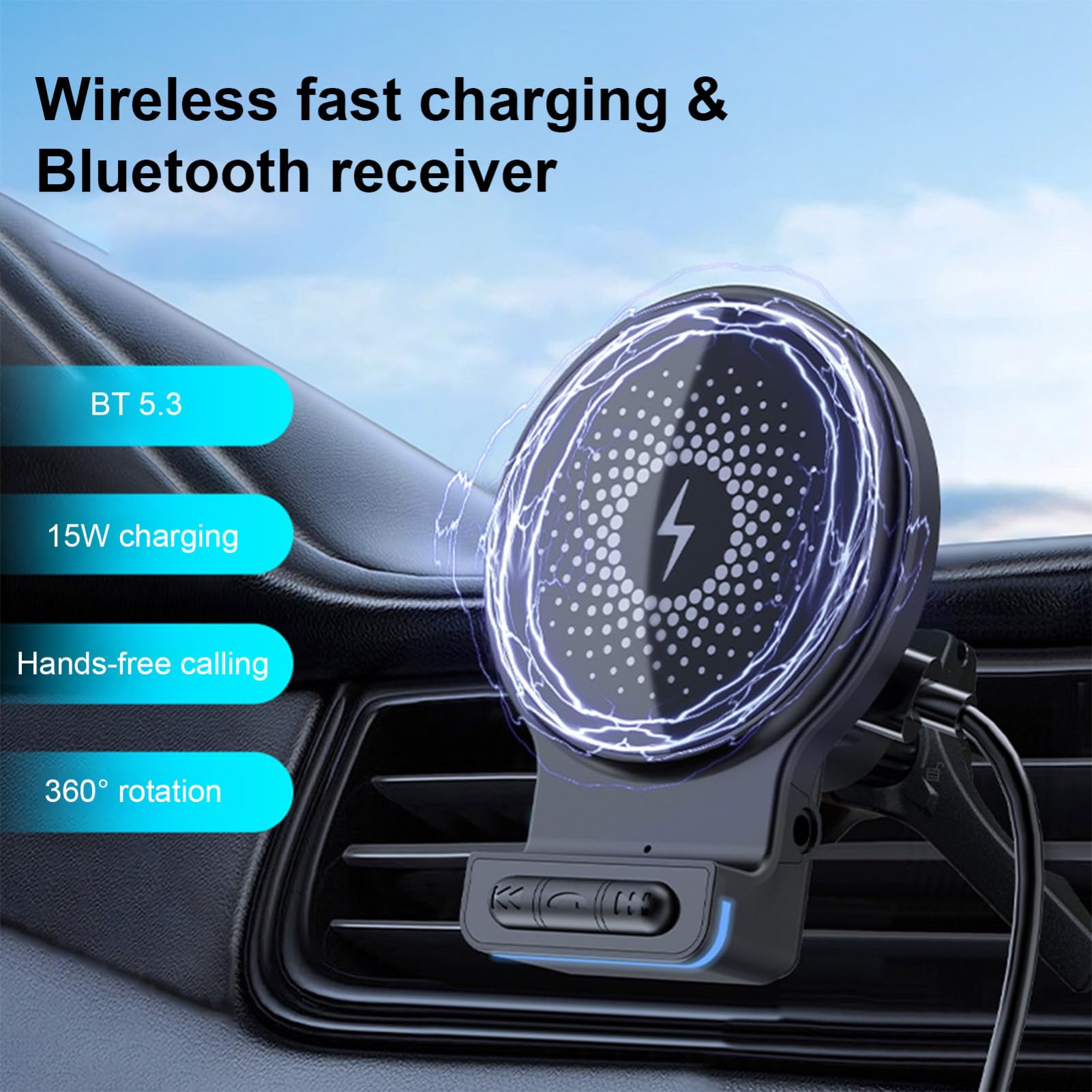 Caricabatterie Wireless per Telefono da Auto 15W Ricarica Rapida Supporto | 15W Caricatore Wireless Auto Con Supporto E Ingresso AUX per Veicolo Casa Ufficio Presa d'