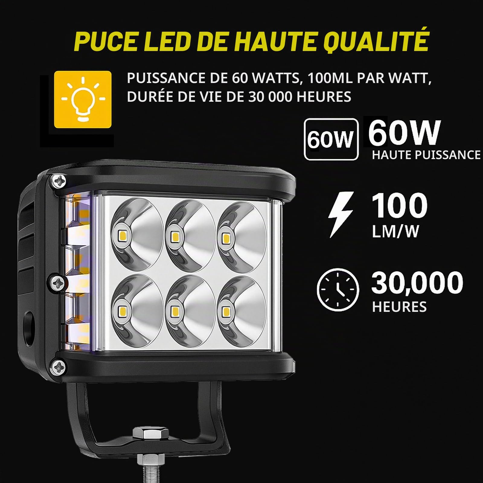 Willpower 2P Phare LED 4 Pouces 60W stroboscopique | 12V Spot cube, compatible bateau tracteur 4x4 SUV
