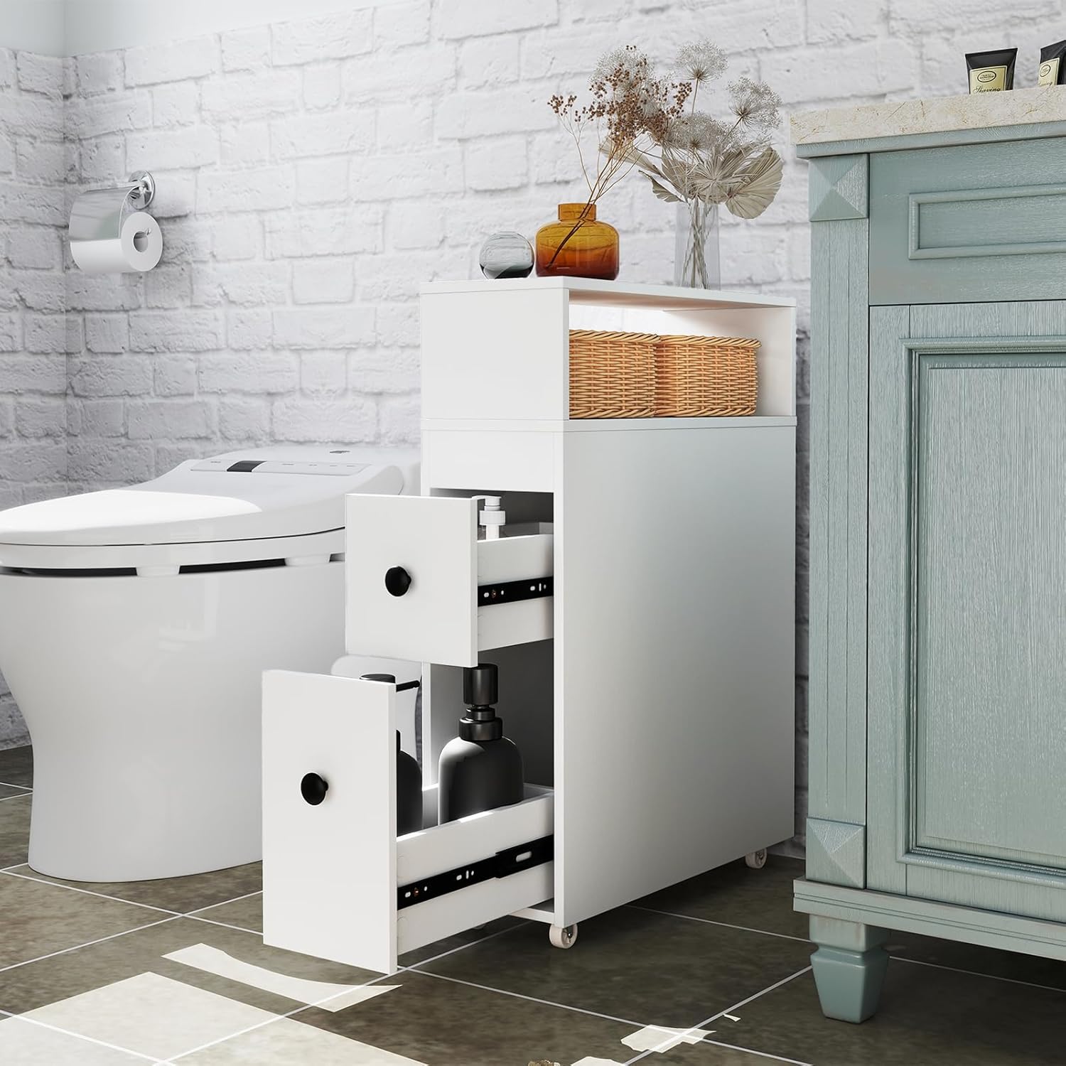 LOKO Slim Bathroom Storage Cabinet with Wheels, Narrow Toilet Side Cabinet with Drawers, Removable Storage Baskets, Toilet Brush Holder, Movable Bathroom Organizer or Skinny Corner, Narrow Spaces