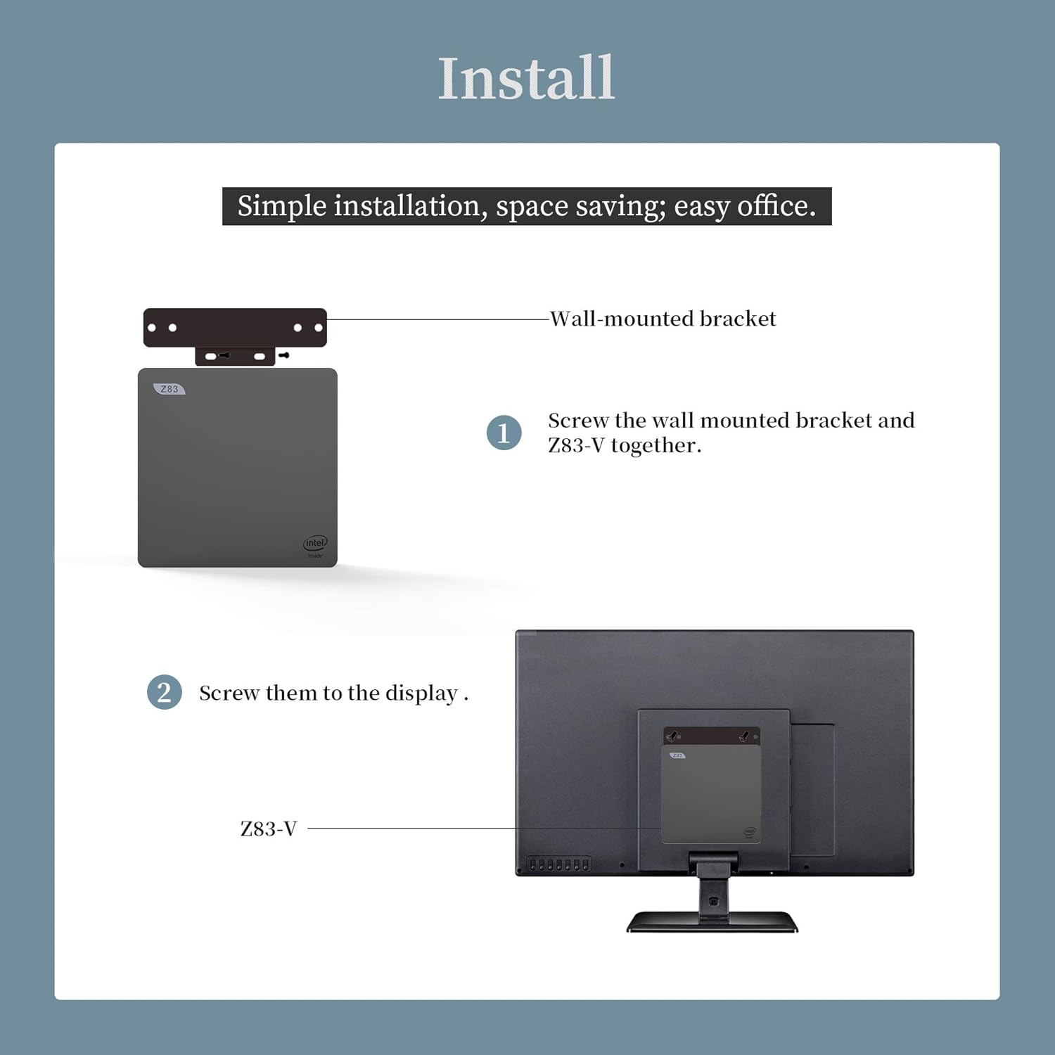 Diagram showing how to install the Beelink Z83-V Mini PC using the wall-mounted bracket, attaching it to the PC and then to the back of a monitor.