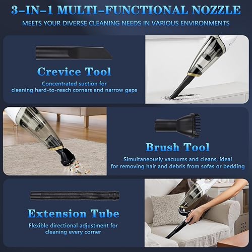 Miniatura 4 de Aspiradora de mano inalámbrica, inalámbrica con luz LED, succión fuerte de 6 kpa con tres tipos de cabezales de succión y filtros para limpieza del