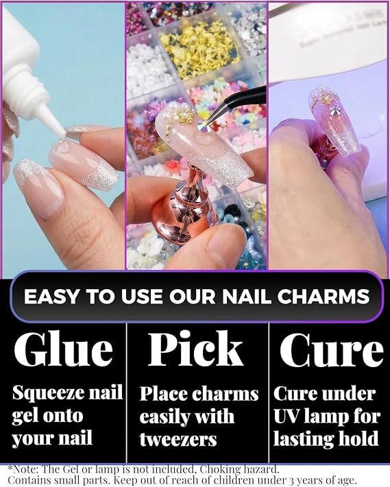 24 Grid Nail Art Charms Kit with 3D Nail Charms and Gems, Flatback AB Rhinestones, Pearls, Hawaii Flowers Y2K Nail Jewels & Stickers for DIY Nail Designs, Salon Use, Creative