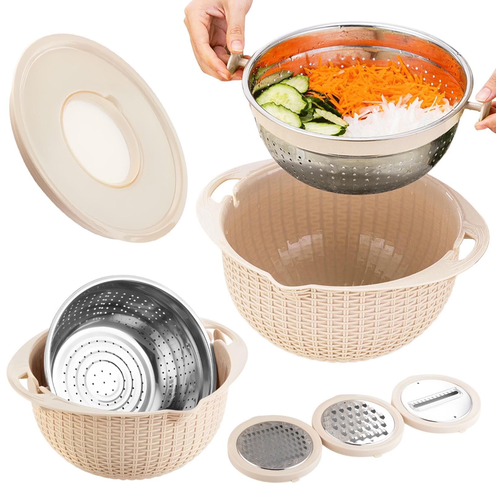 4-1 Colander with Mixing Bowl Set & 3 Replacement Grater,360° Rotatable Kitchen Colander Strainer Bowl,Food Strainers and Colanders,for Kitchen, Pasta Rice Strainer, Fruit Washg