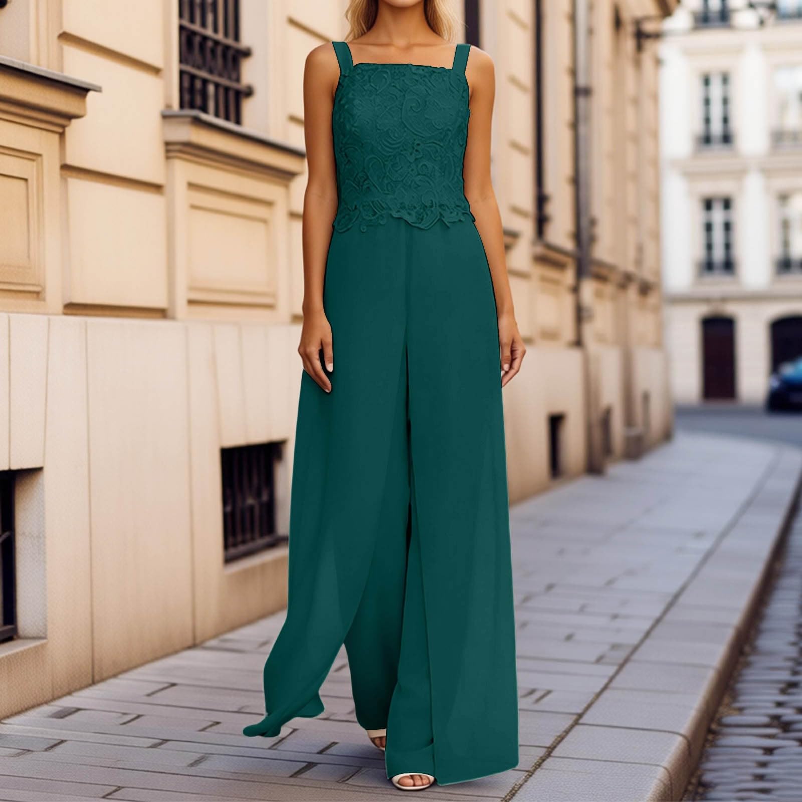 Generisch Tuta da donna, 3 pezzi, in chiffon, per la mamma della sposa, elegante, in pizzo, con cardigan a maniche lunghe, con gamba larga, set di pantaloni alla moda, per matrimoni, feste di nozze
