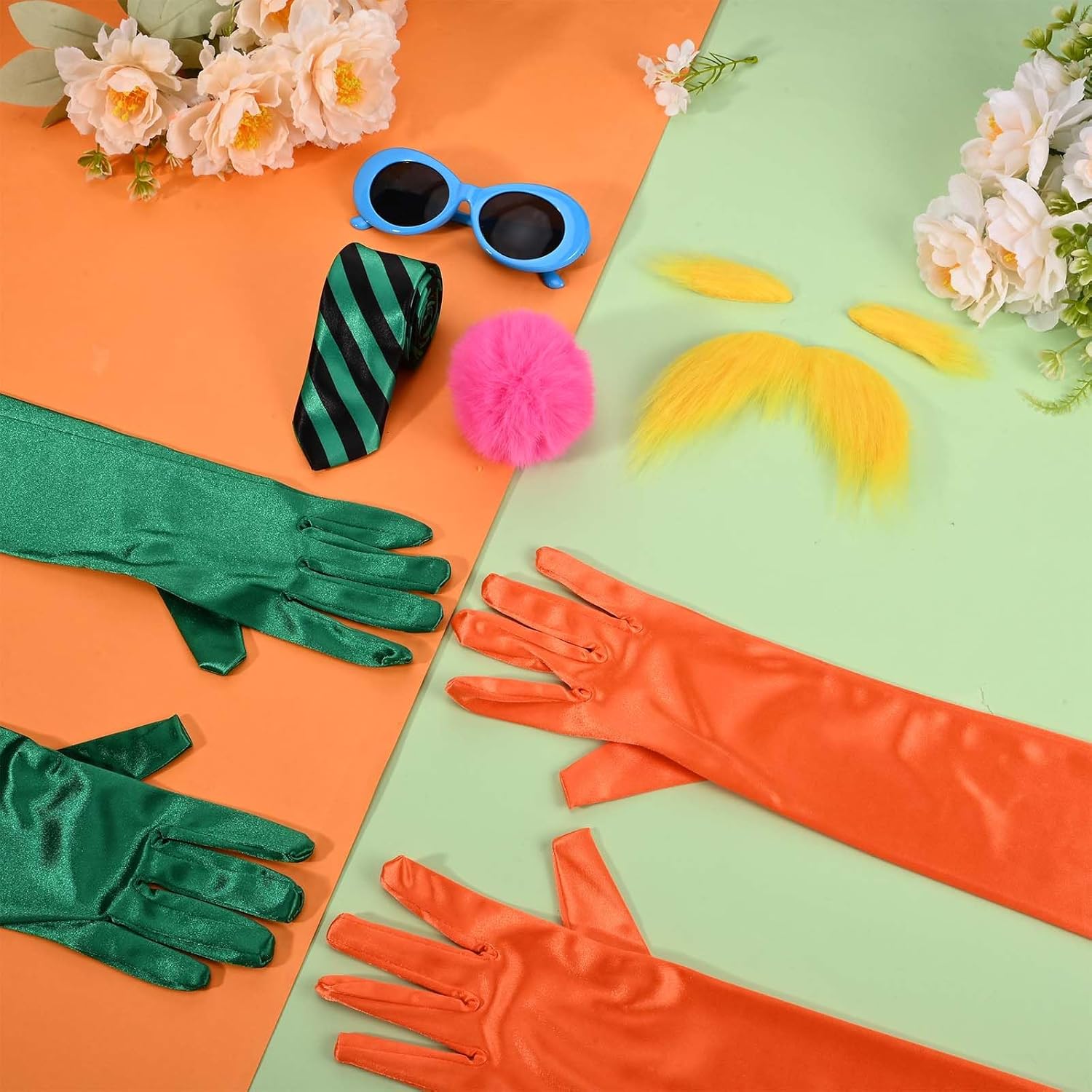 6 Pcs Halloween Book Character Costume Accessories Glasses Long Gloves Pink Plush Brooch Striped Tie Mustache and Eyebrows for Halloween Adult Men Cosplay Dress Up Outfits - Image 5