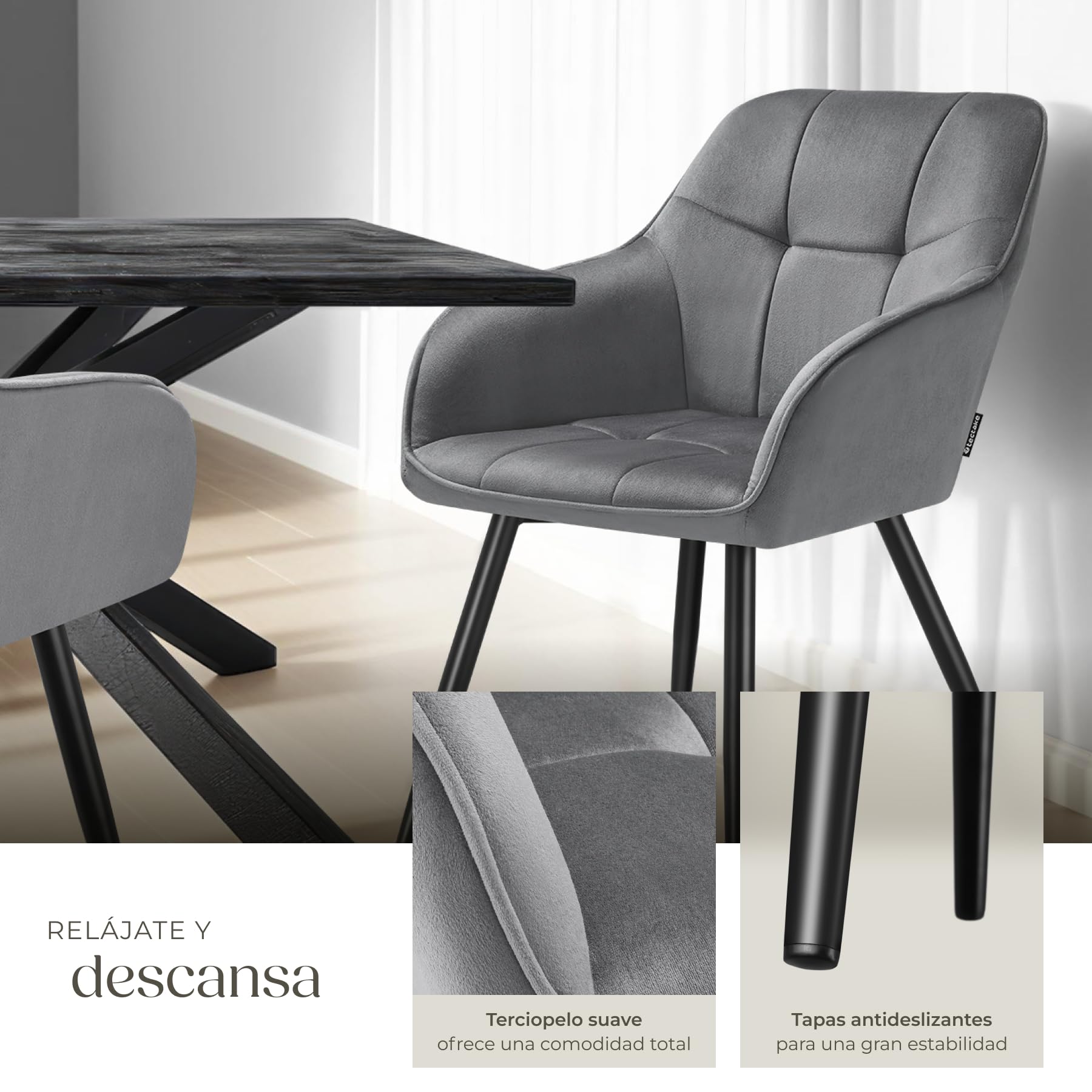 tectake® Silla de Comedor con Tapizado Aterciopelado Acolchado, Silla de Cocina Elegante y Moderna, Patas de Acero, Fácil Limpieza, Ideal Silla Salón, Tocador, Dormitorio - 1 Silla Gris/Negro