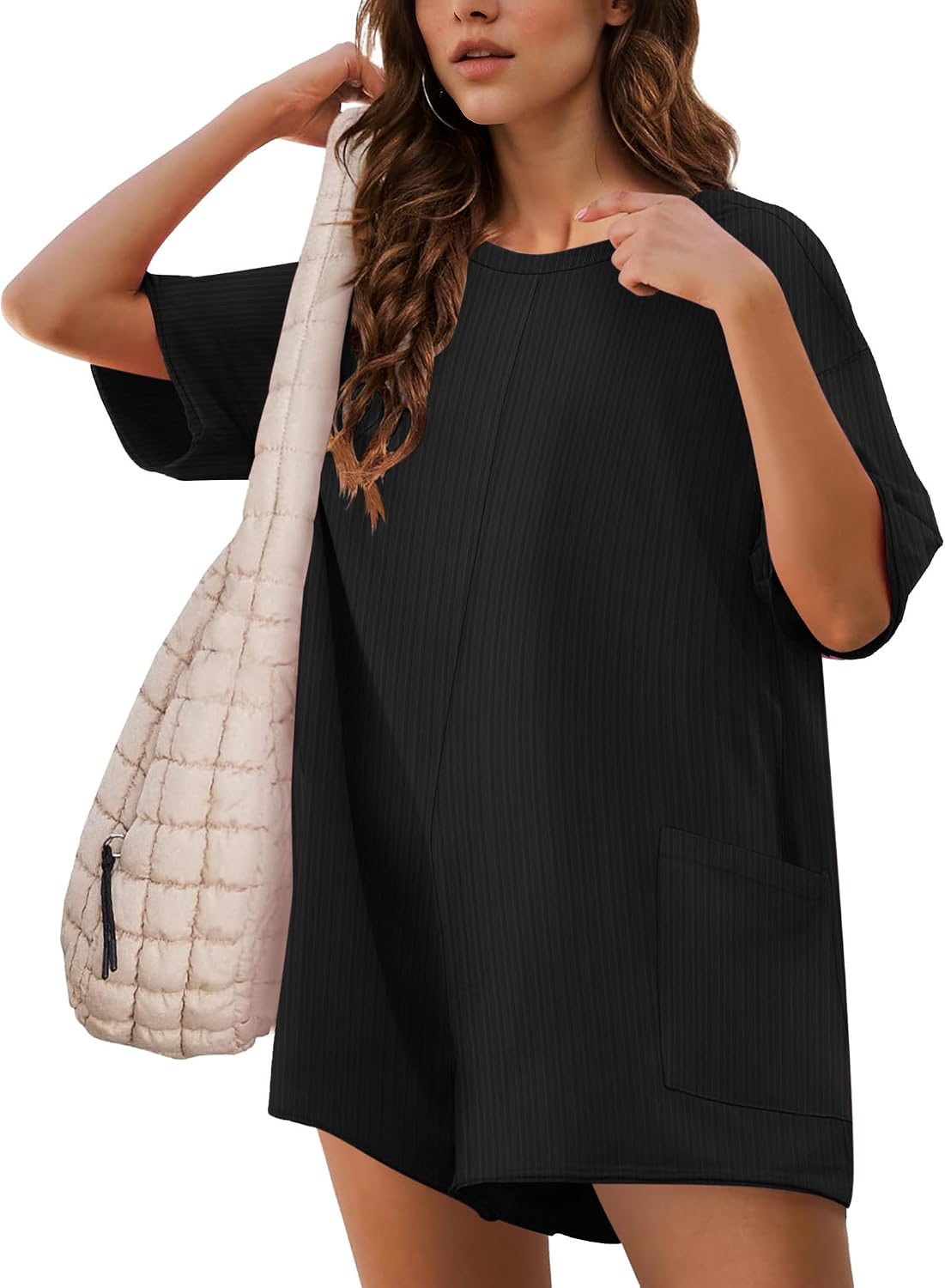 Ekouaer Summer Rompers for Women 2025 Short Sleeve Ribbed Oversized Reversible T-shirt Jumpsuit Shorts with Pocket