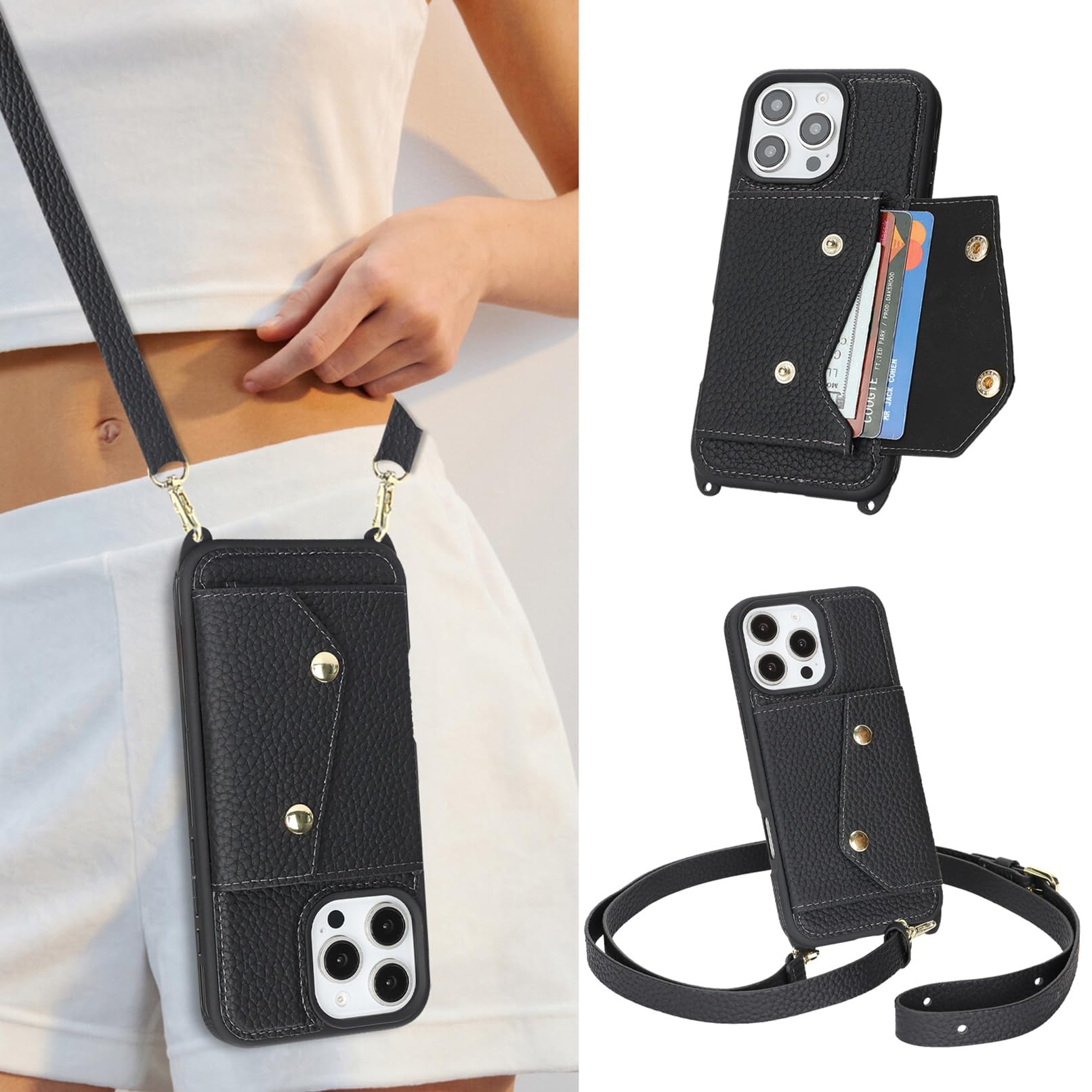 Genuine Leather Wallet Case for iPhone 16 Pro Max with Strap,6.9",Black