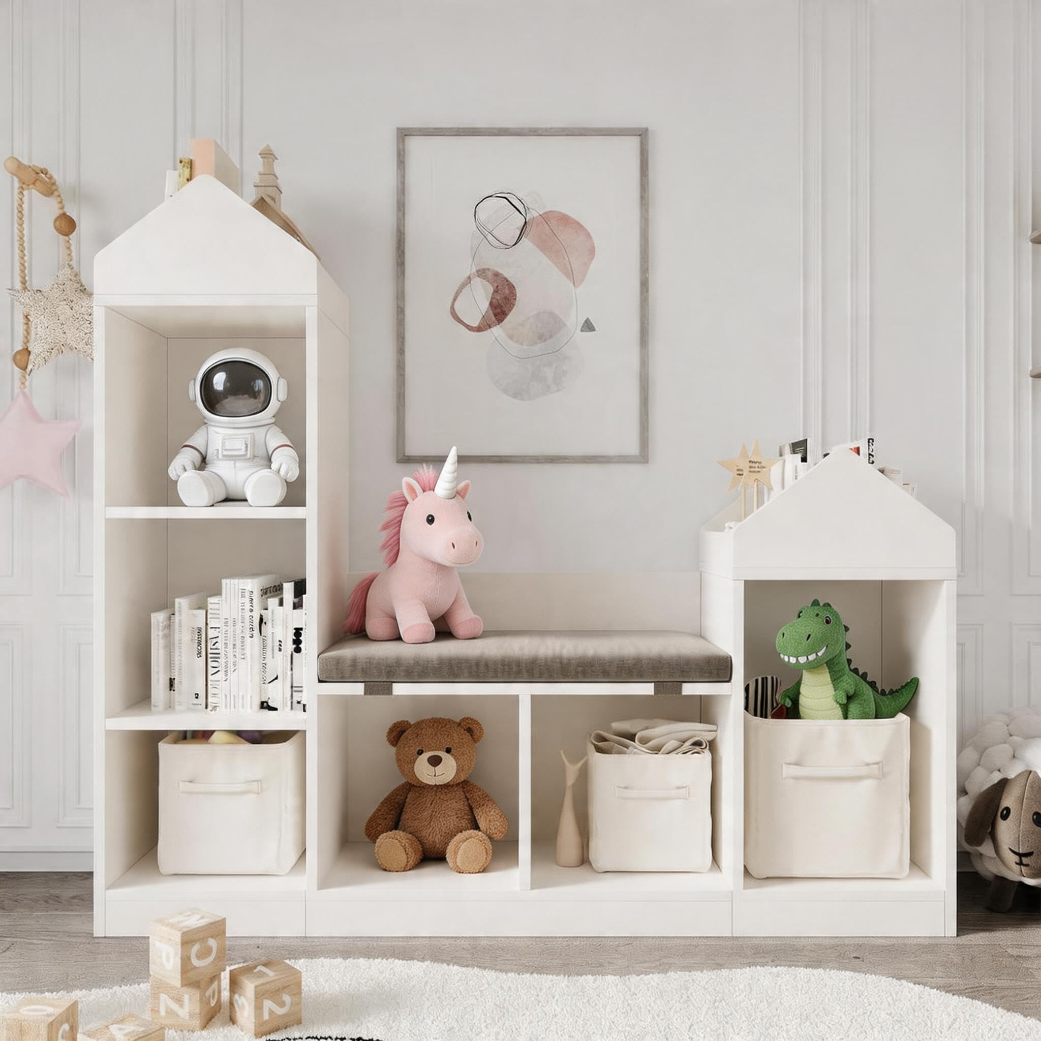 Kinderregal Hausform mit Sitzbank, 6 Fächer Spielzeugregal, Weiß | Gepolstertes Sitzkissen, Kippschutz, Robustes MDF, Abnehmbarer Bezug, Viel Stauraum, Sicher, Pflegeleicht, Stabil, Modern