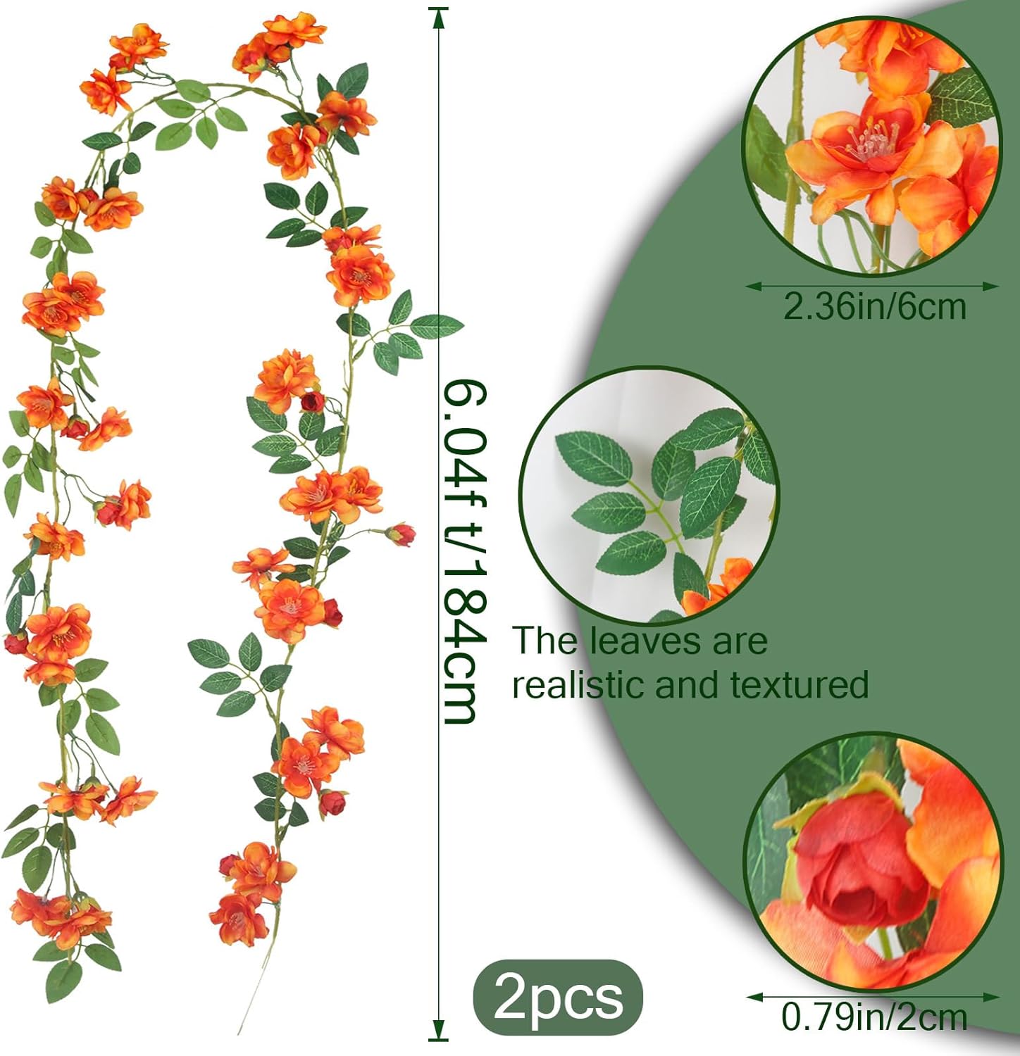 2 Pcs Artificial Flowers Garland for Outdoors Orange Faux Gardenia Garland 12Ft Silk Rose Hanging Vines Floral for Wedding Arch Party Wall Garden Ceremony Backdrop Fence Spring Decor - Image 2