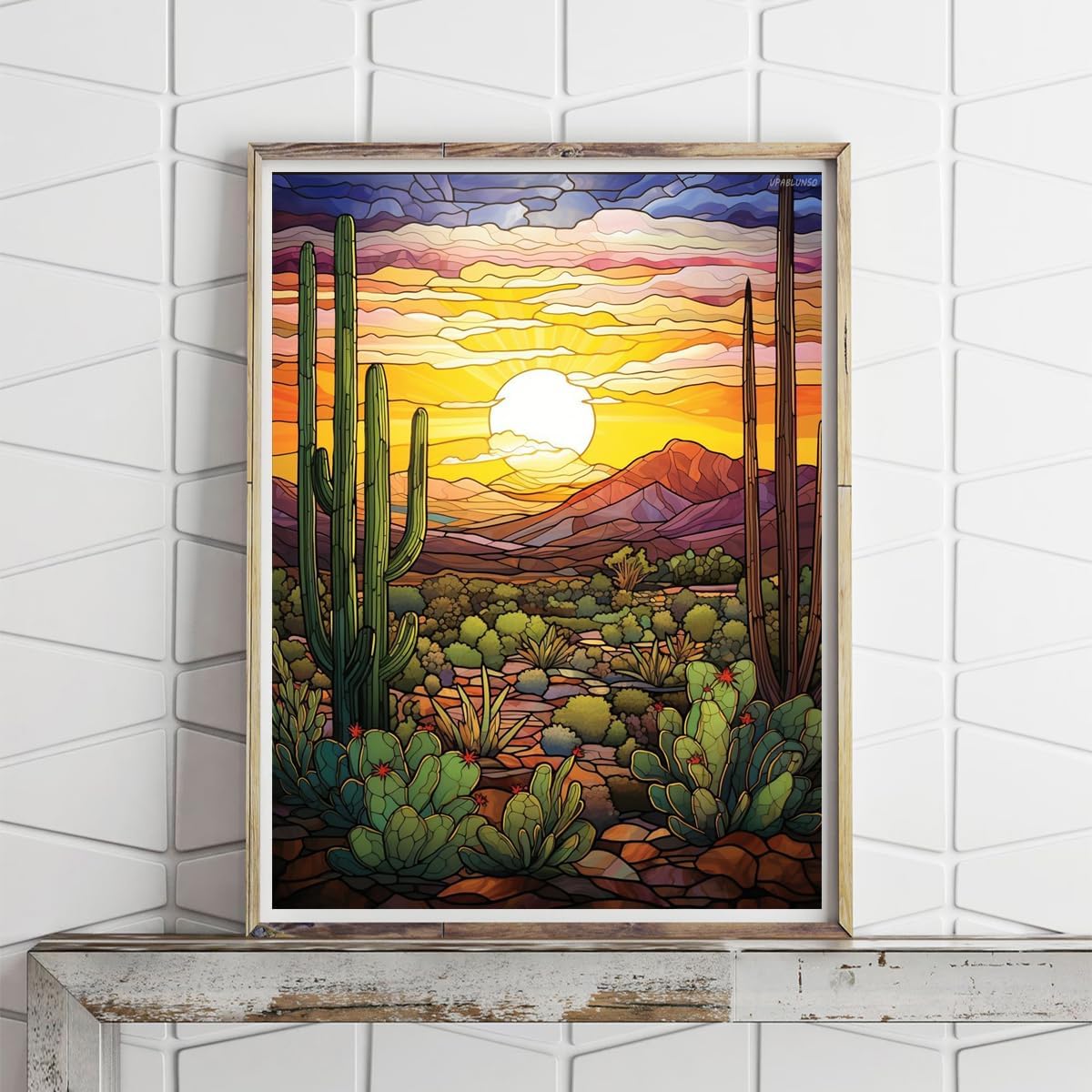 Stained Glass Desert Landscape Cactus Sunset 5D Diamond Art Painting Kits Round Full Drill DIY Paint by Diamond Number Kits for Beginners Crystal Cross Stitch Diamond Art Wall Decor 12x16inch