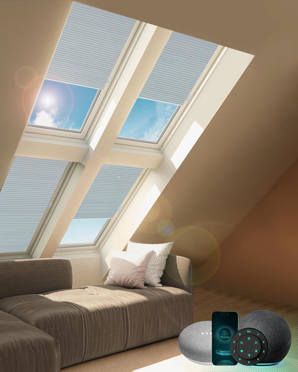 Yoolax Motorized Skylight Shades, Smart Cellular Shades Compatible with Alexa Google, Electric Cordless Honeycomb Blinds with Remote for Roof Inclined Plane Room (Light Filtering Beige)
