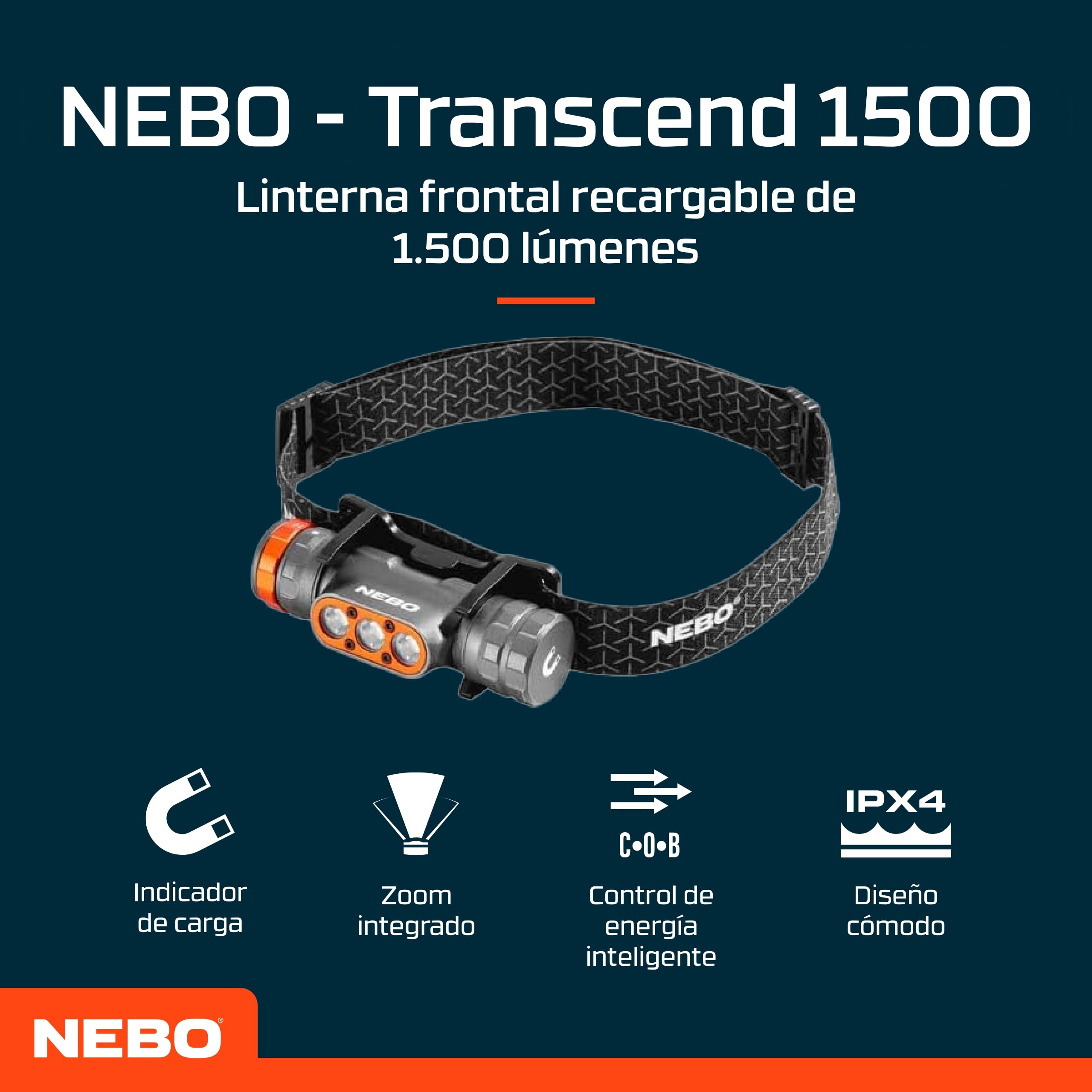 NEBO Transcend 1500 Frontal Recargable – 1.500 Lm Turbo | Dial Selector | 5 Modos | 28h | Base Magnética | IPX7 | Aluminio | Se Convierte en Luz de Trabajo | USB-C | 150g