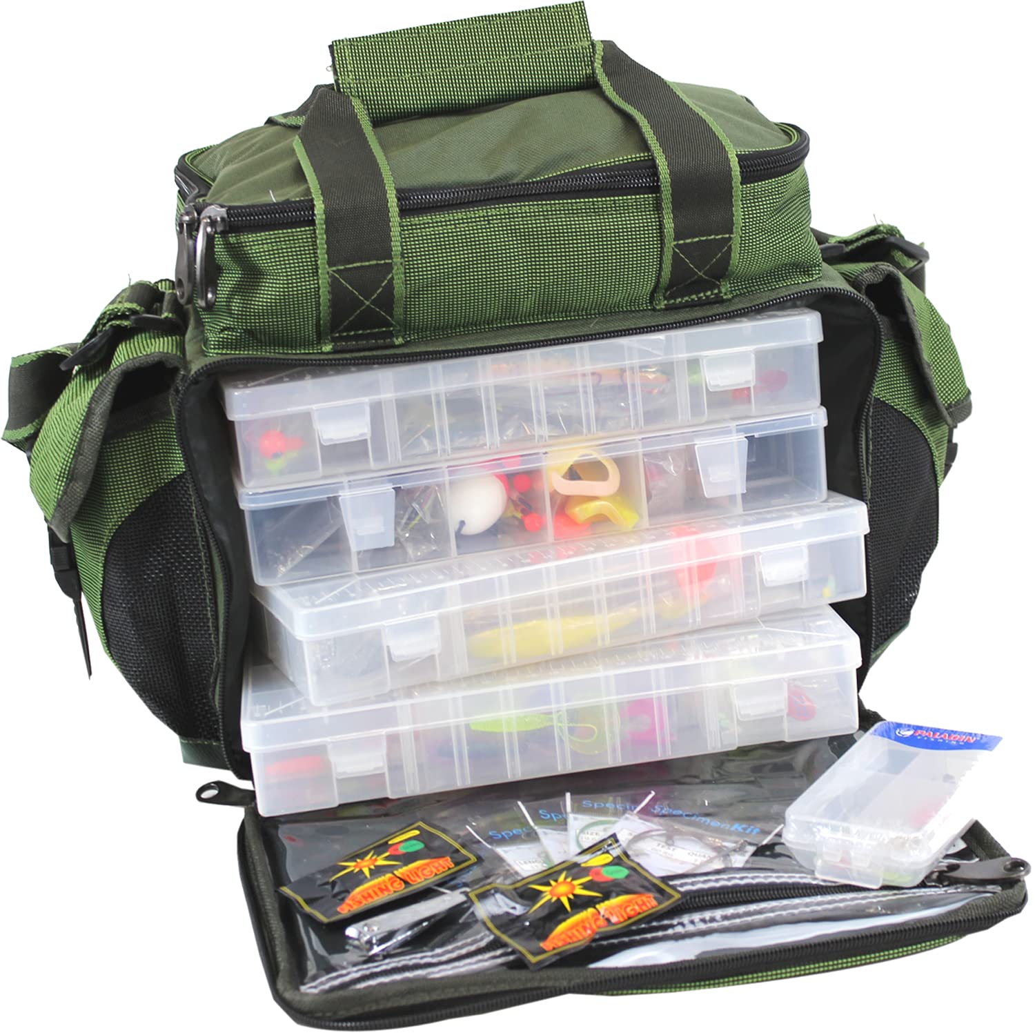 Angelboxentasche inkl. 4 Tackle-Boxen | Angelkoffer für Zubehör Wasser-Abweisend gepolsterte Schultergurte Angeltasche