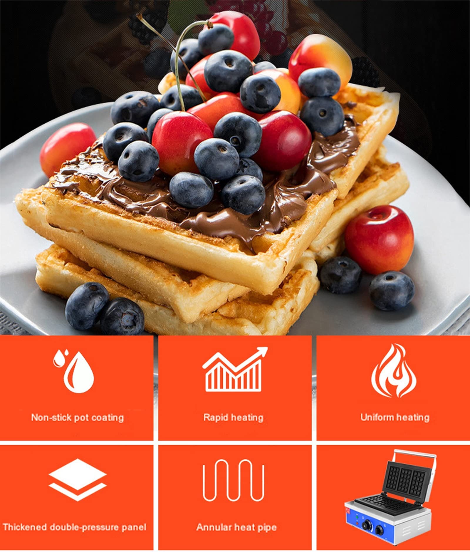 Piastra elettrica antiaderente per waffle professionale con controllo di temperatura e tempo, in acciaio inossidabile, 1550 W, produce 3/10 waffle per ciclo.,a