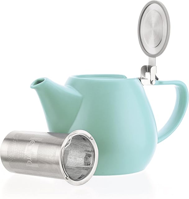 Tealyra - JOVE Porcelain Large Teapot Turquoise - 1000ml (3-4 Cups) - Japanese Made - Stainless Steel Lid and Extra-Fine Infuser to Brew Loose Leaf Tea - 34-Ounce