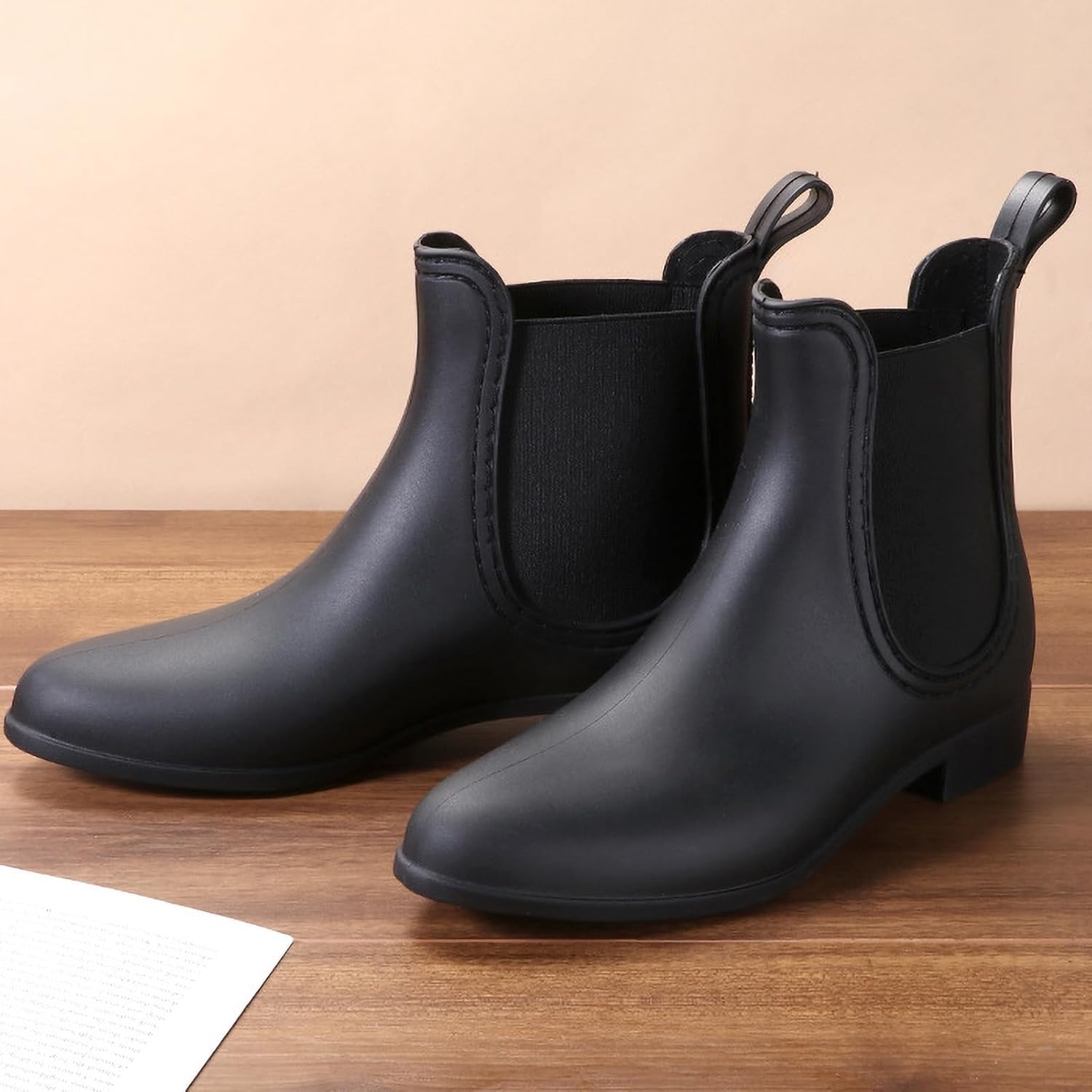 Women'S Waterproof Chelsea Rain Boots Fashion Round Toe PVC Non Slip Low Heel Slip-Resistant Rubber Ankle Rain Boots Lightweight Outdoor Work Mud Garden Boots