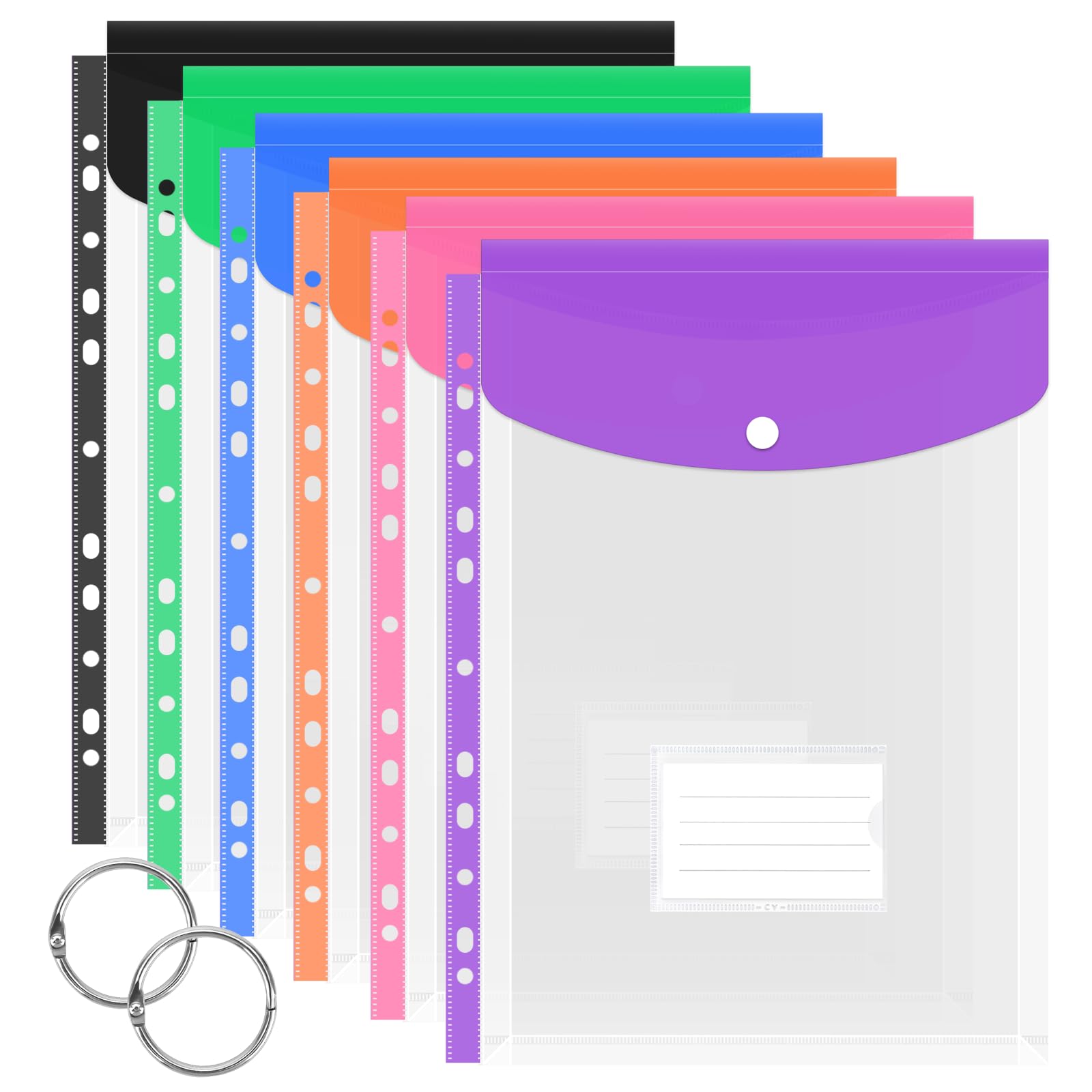 JEFURE Plastic Wallets A4, 6 PCS Expandable Punched Poly Pockets, Colorful Plastic Folders with Popper, Card and Ring Binders, Document Folders for School, Office, Home (Vertical) โ image 1