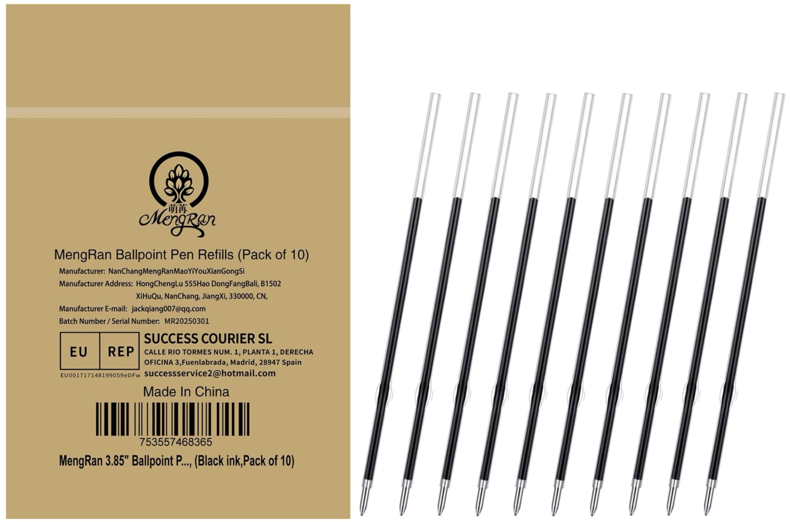 MengRan 3.85'' Ballpoint Ink Pen Refills for Click Pens,Black,10Pcs — image 1