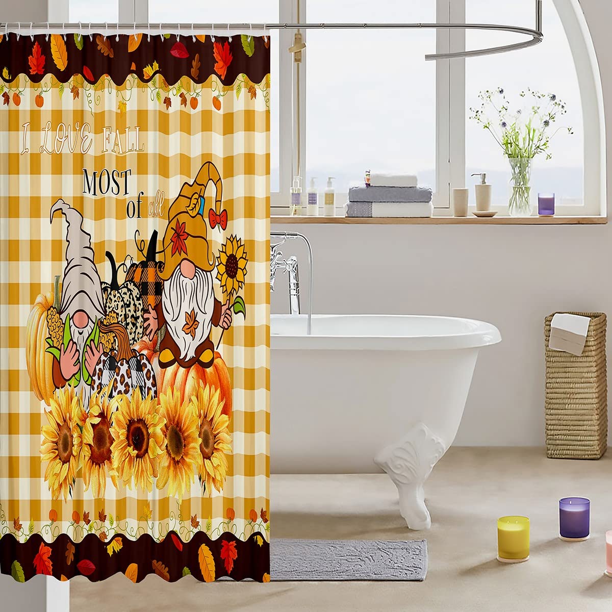 Tenda da doccia con girasole, tenda da doccia autunnale rustica con