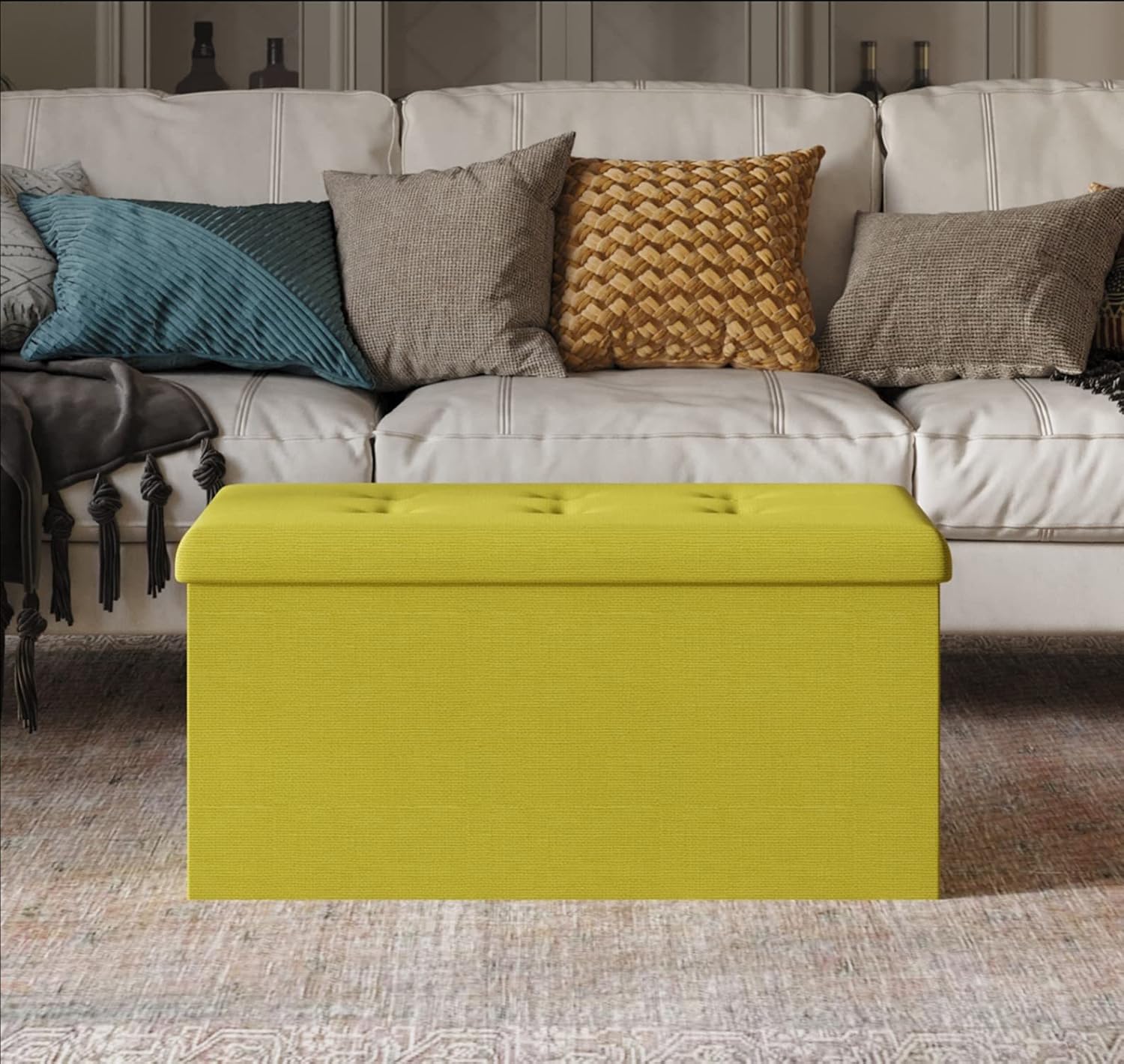 HOME DESIGN Florence 30" Upholstered Folding Storage Bench, Tufted Top, Space-Saving Storage, Beige Linen Fabric