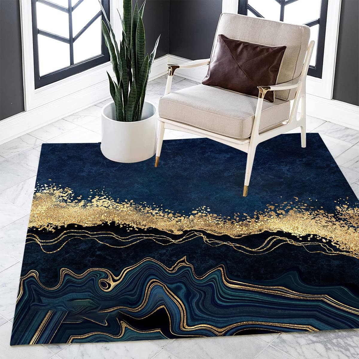 Square Area Rugs 7x7 Navy Blue Gold Aesthetic Carpet for