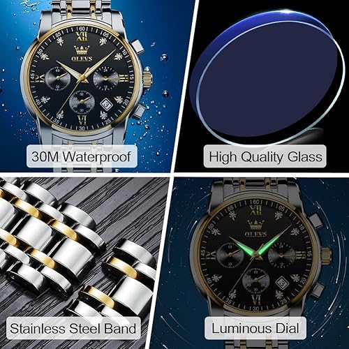 Miniatura 5 de OLEVS Reloj cronógrafo de acero inoxidable para hombre, esfera grande, dorado, plateado, tono negro, fácil de leer, reloj de cuarzo analógico, de