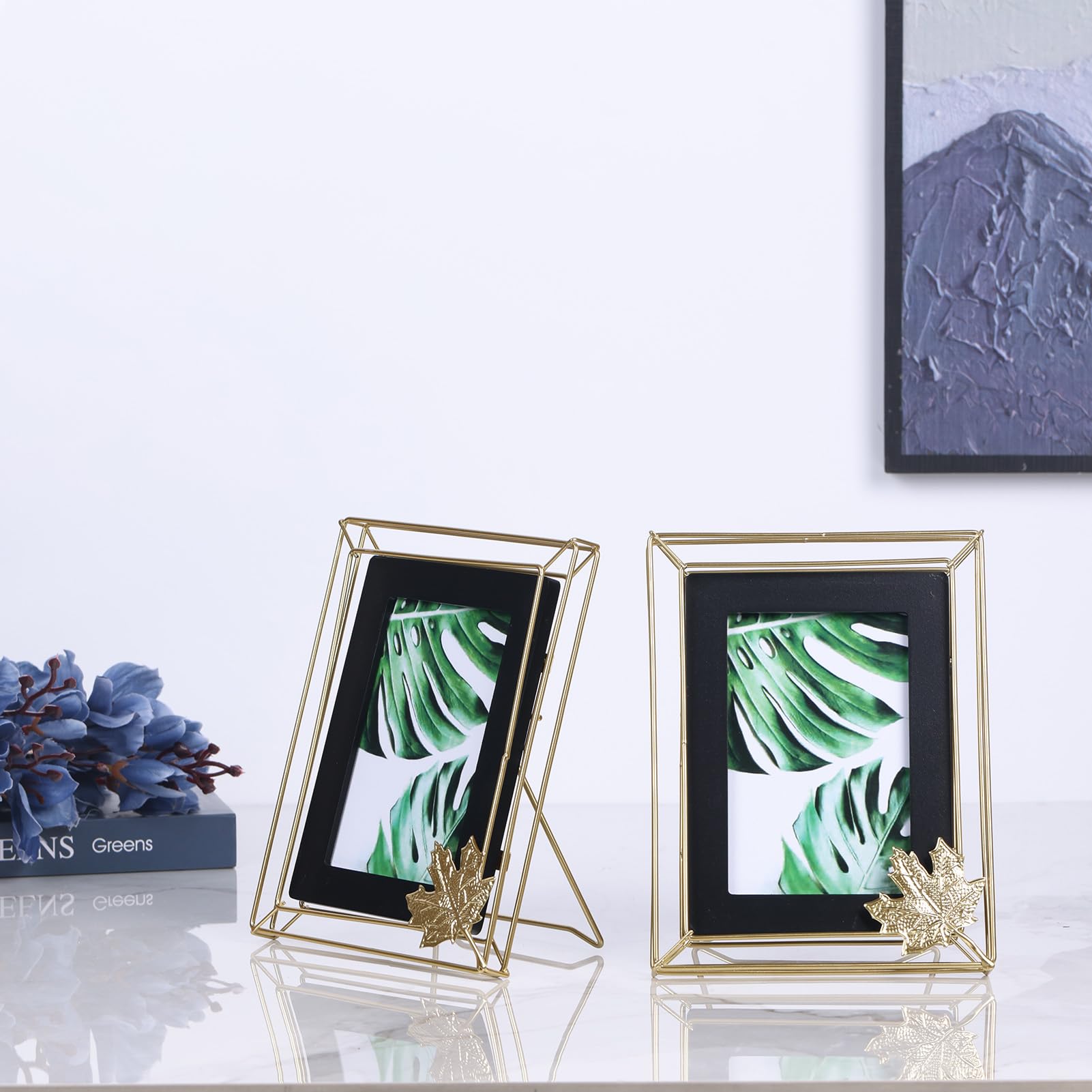 XIAOMAGGSet of 2 Glass Photo Frame Collection Simple Metal Geometric Picture Frame with Glass Cover 8x10,display Commemorative Gifts Frames(Gingko Black-Vertical)