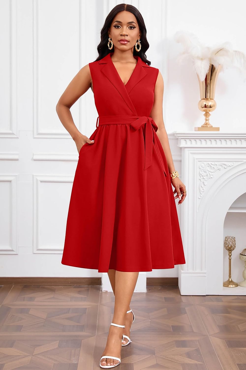 Nmoder Midi Dress for Women Cocktail Sleeveless Fit and Flare Casual Work Lapel V Neck A-Line Dresses - Image 4