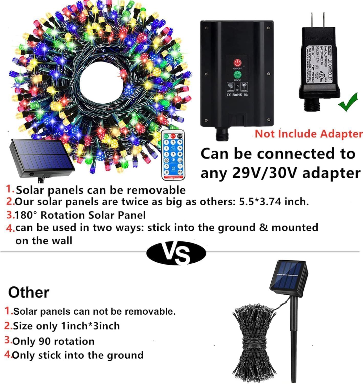 Solar-Lichterkette für den Außenbereich, 300 LEDs, Solar-Weihnachtslichter mit Fernbedienung, 8 Modi, wasserdichte Lichterkette für Weihnachtsbaum, Garten, Party-Dekoration (mehrfarbig)
