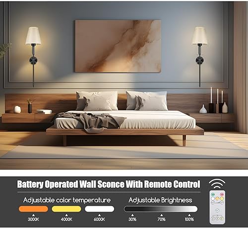 Miniatura 3 de LAMPYLIFE Juego de 2 apliques de pared a pilas, inalámbricos, funciona con pilas, con control remoto, bombilla de carga desmontable regulable para