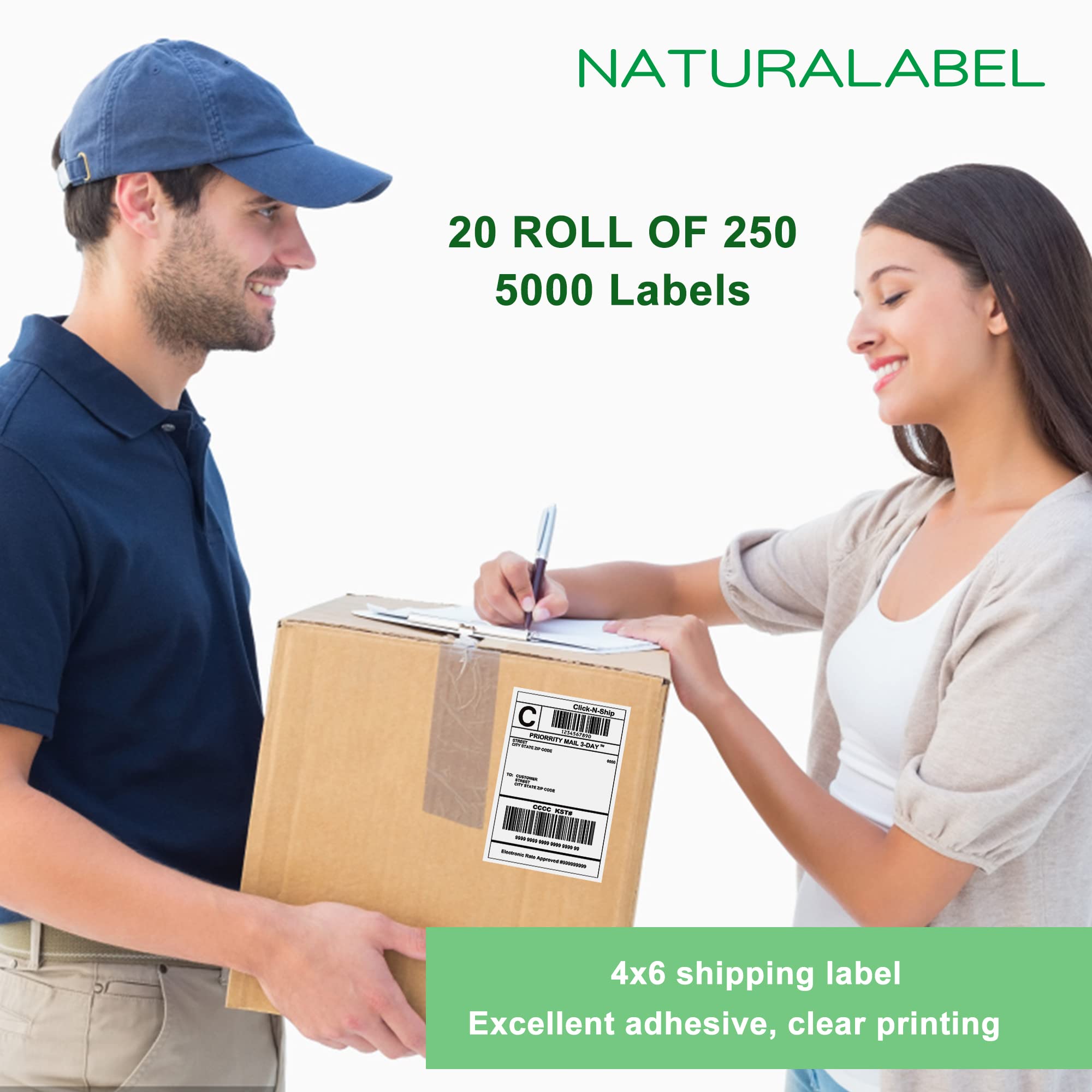 NATURALABEL Lot de 5 000 étiquettes d'expédition thermiques directes pour petites entreprises, avec lignes perforées, compatibles avec Rollo et Zebra (20 rouleaux, 250 étiquettes/rouleau)