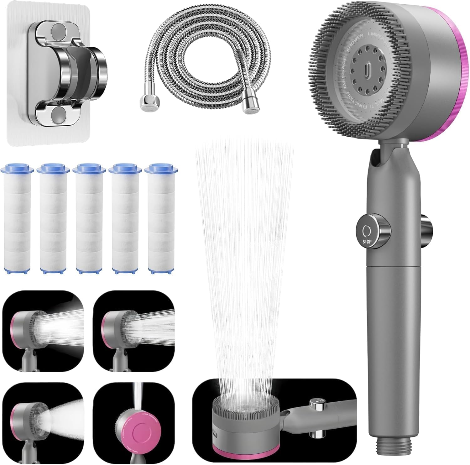 Filtered Handheld Shower Head, High Pressure Power Showerhead with 5 Filters & 59" Flexible Hose, 360° Rotating Adjustable Shower Head with Wall Holder & ON/Off Switch for Hair & Skin, Gray