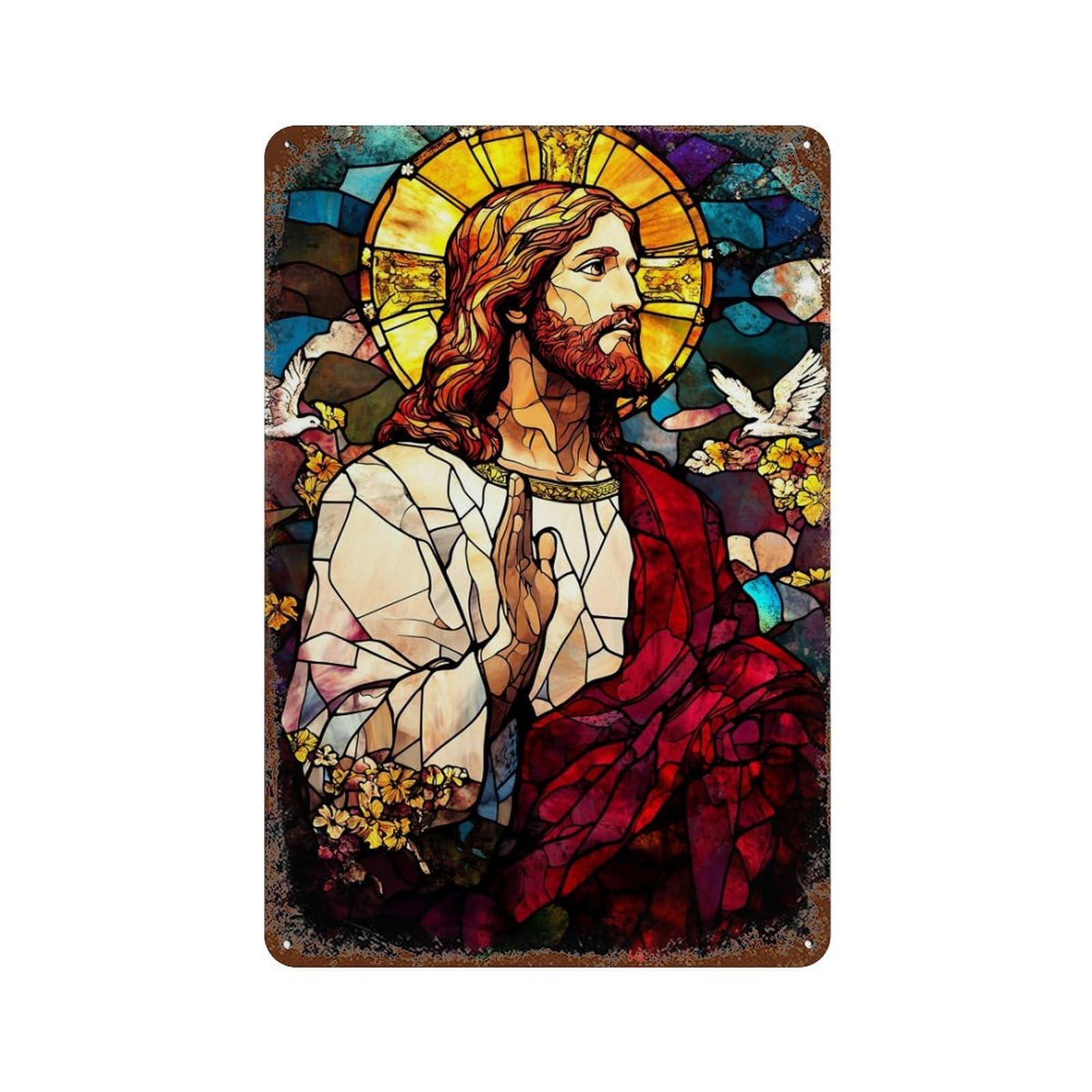 Garage Style Stained Glass Religious Art Distressed Metal Wall Sign 11.8"x7.9", Shabby Chic Decor for Bar And Workshop
