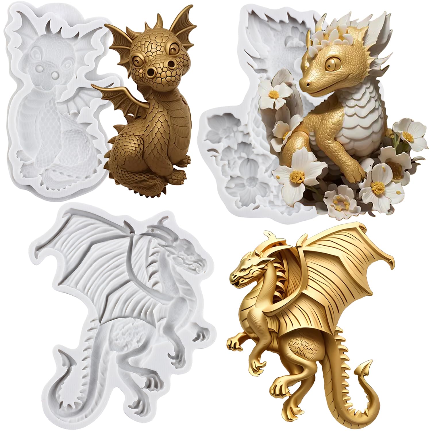 Lingzhi 3D Dragon Fondant Molds Dragon Silicone Mold for Cake Decoration Cupcake Topper Chocolate Sugar Craft Gum Paste Polymer Clay Set Of 3