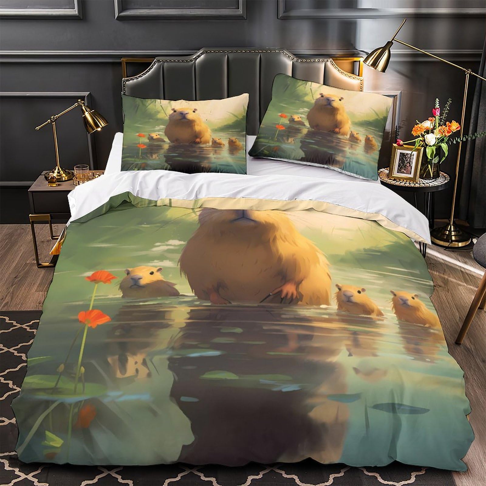 Parure de couette famille capybara en microfibre super douce pour lit 1 place