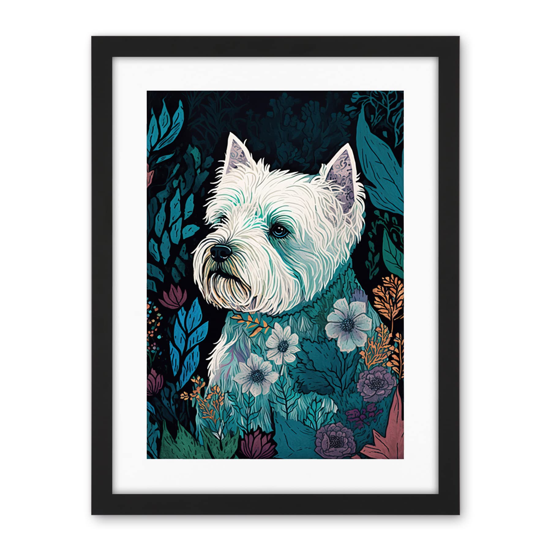 Artery8 West Highland White Terrier in Flowers Dark Multicoloured Linocut Illustration Artwork Framed Wall Art Print 18X24 Inch